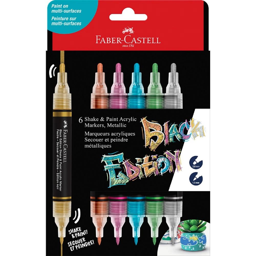 1 FaberCastell Black Ed Acrylic Shake/Paint Markers Metallic 6P, 1 of 3