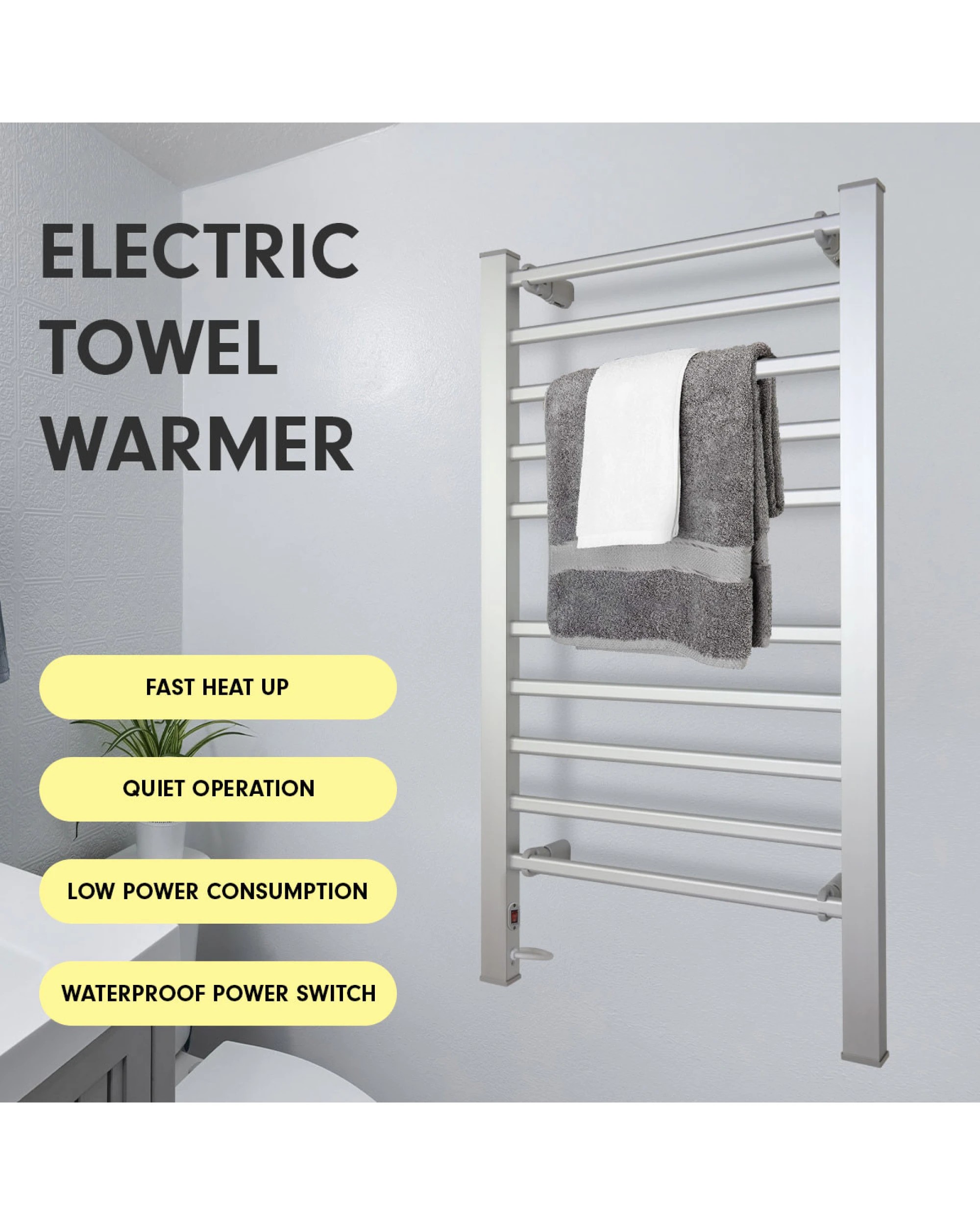 6 Pronti Heated Towel Rack Electric Rails Warmer 160 Watt- Silver, 6 of 6