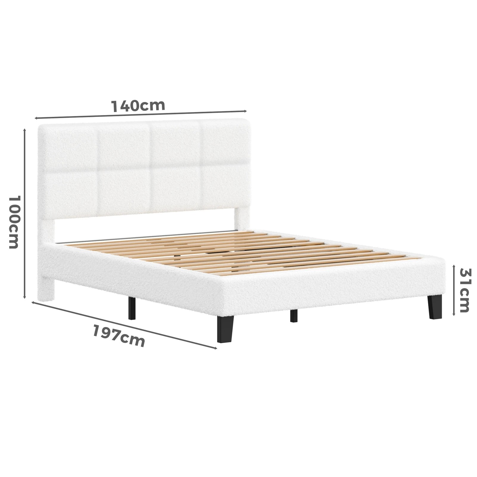 9 Alfordson Bed Frame Double Size Wooden Slats Platform Boucle Paula - White, 9 of 9