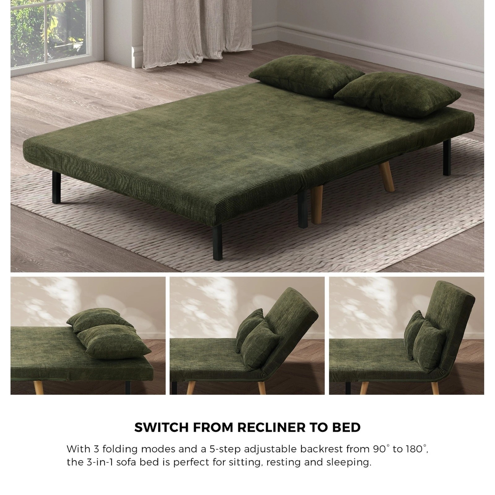 4 Oikiture Sofa Bed Lounge Chair Polyester Recliner Wood Leg 2 Seater
 - Green, 4 of 8