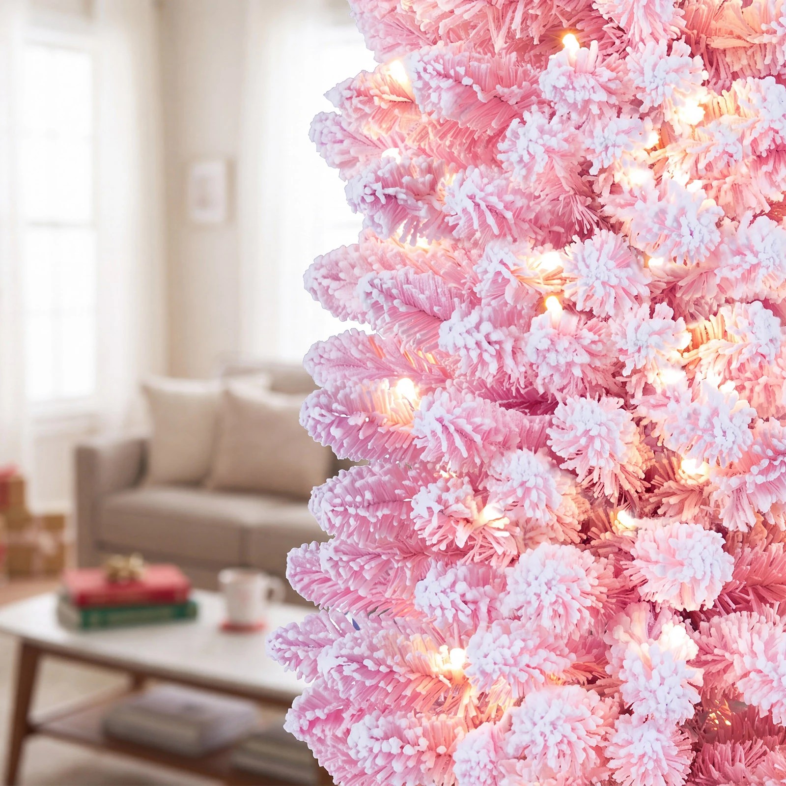 4 Costway 1.8M Pink Flocked Christmas Tree Artificial Pre-Lit Xmas Tree 8 Modes - Pink, 4 of 10