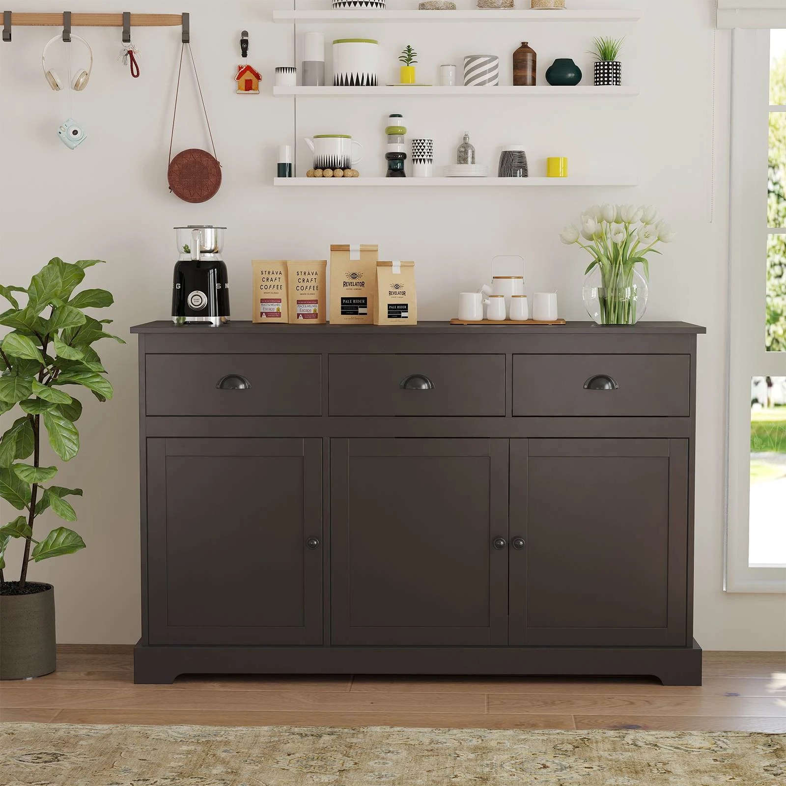 2 Costway Kitchen Buffet Storage Cabinet Console Table w/Adjustable Shelf - Brown, 2 of 3