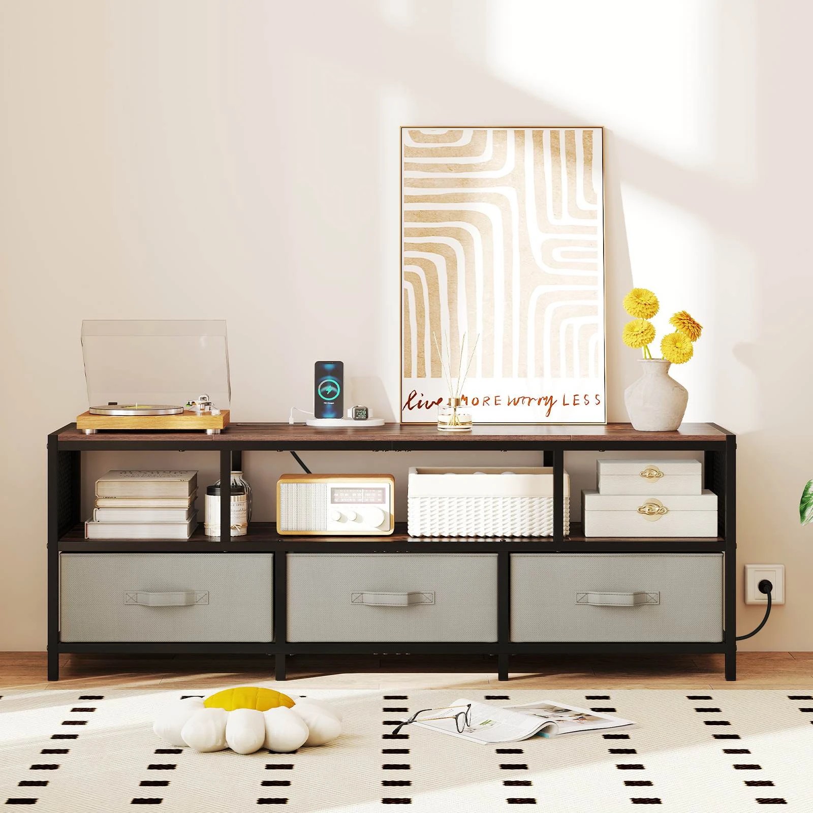 2 Costway TV Cabinet 3-Tier Entertain Unit w/Power Outlets for TVs up to 65” Storage Center - Brown, 2 of 5