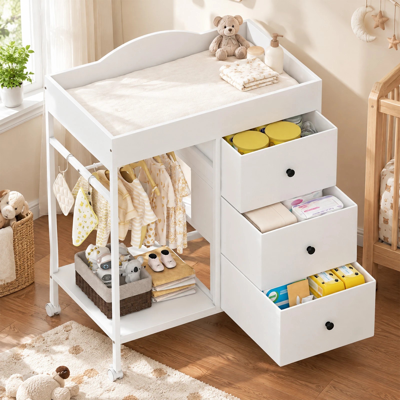 4 Advwin 3-Drawer Baby Change Table with Clothes Rail Lockable Casters - White, 4 of 9