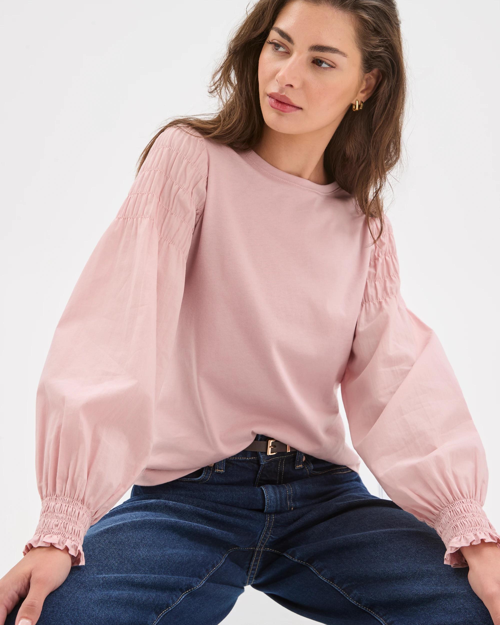 1 Target Petites Australian Cotton Long Sleeve Smocked Knit/Woven Top SOFT BLUSH, 1 of 7