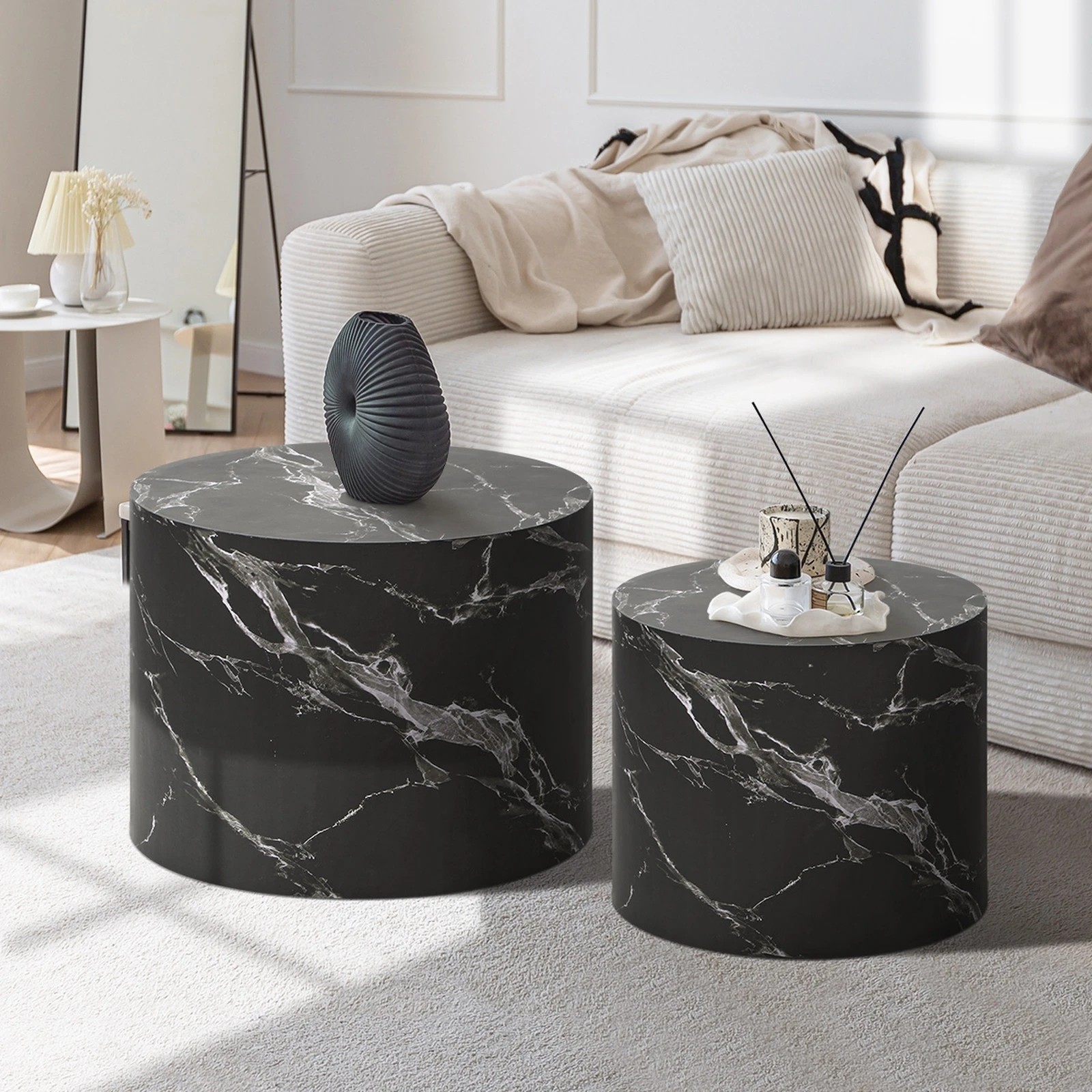 3 Oikiture Coffee Table Set Of 2 Round Side Tables Sofa Cafe Marble Effect
 - Black, 3 of 10