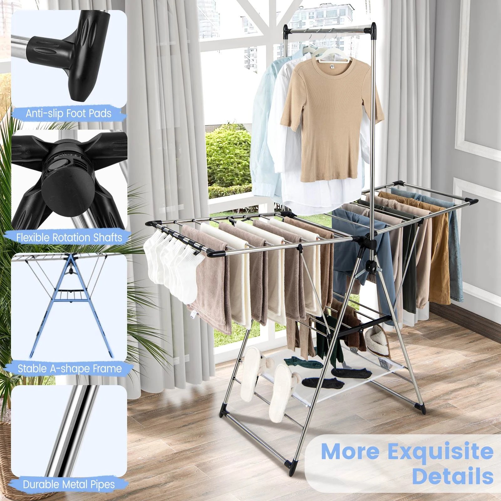 8 Costway Clothes Drying Rack Stainless Steel Gullwing Airer 6 Adjustable Height Laundry Stand, 8 of 9