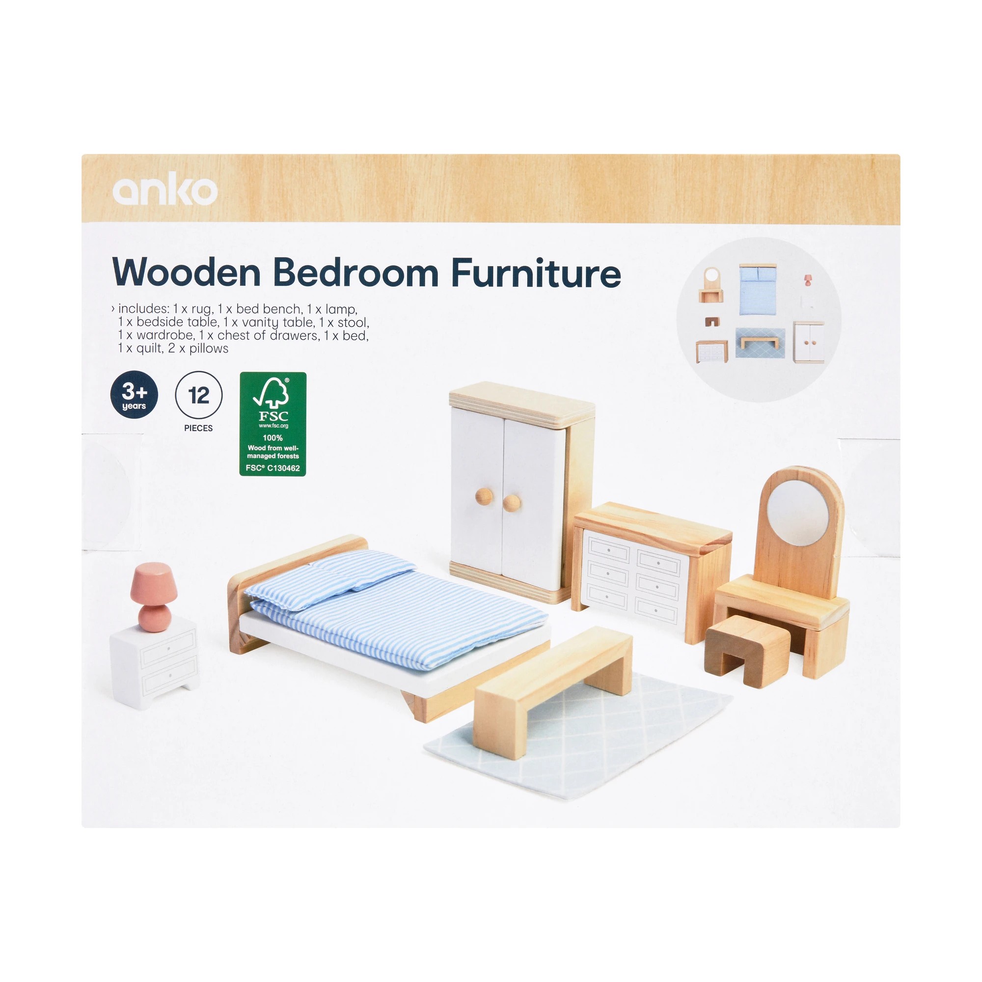 4 12 Piece Wooden Bedroom Furniture Playset, 4 of 4