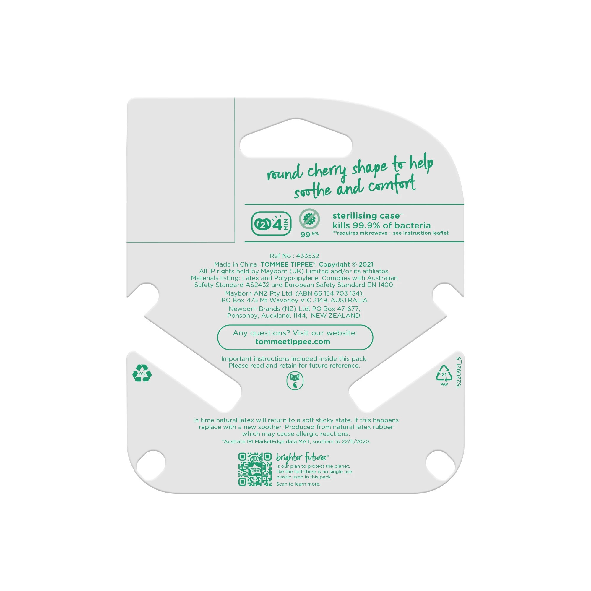 2 2 Pack Tommee Tippee Natural Latex Cherry Soothers - White and Beige, 2 of 8