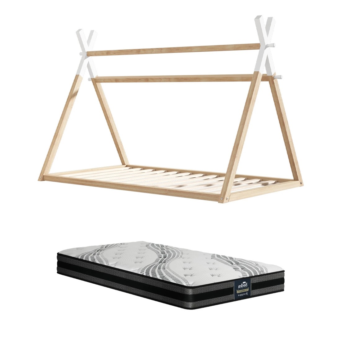 1 Oikiture King Single Kids Bed Frame Mattress Set Wooden Timber Teepee House Beds
 - Multi, 1 of 10