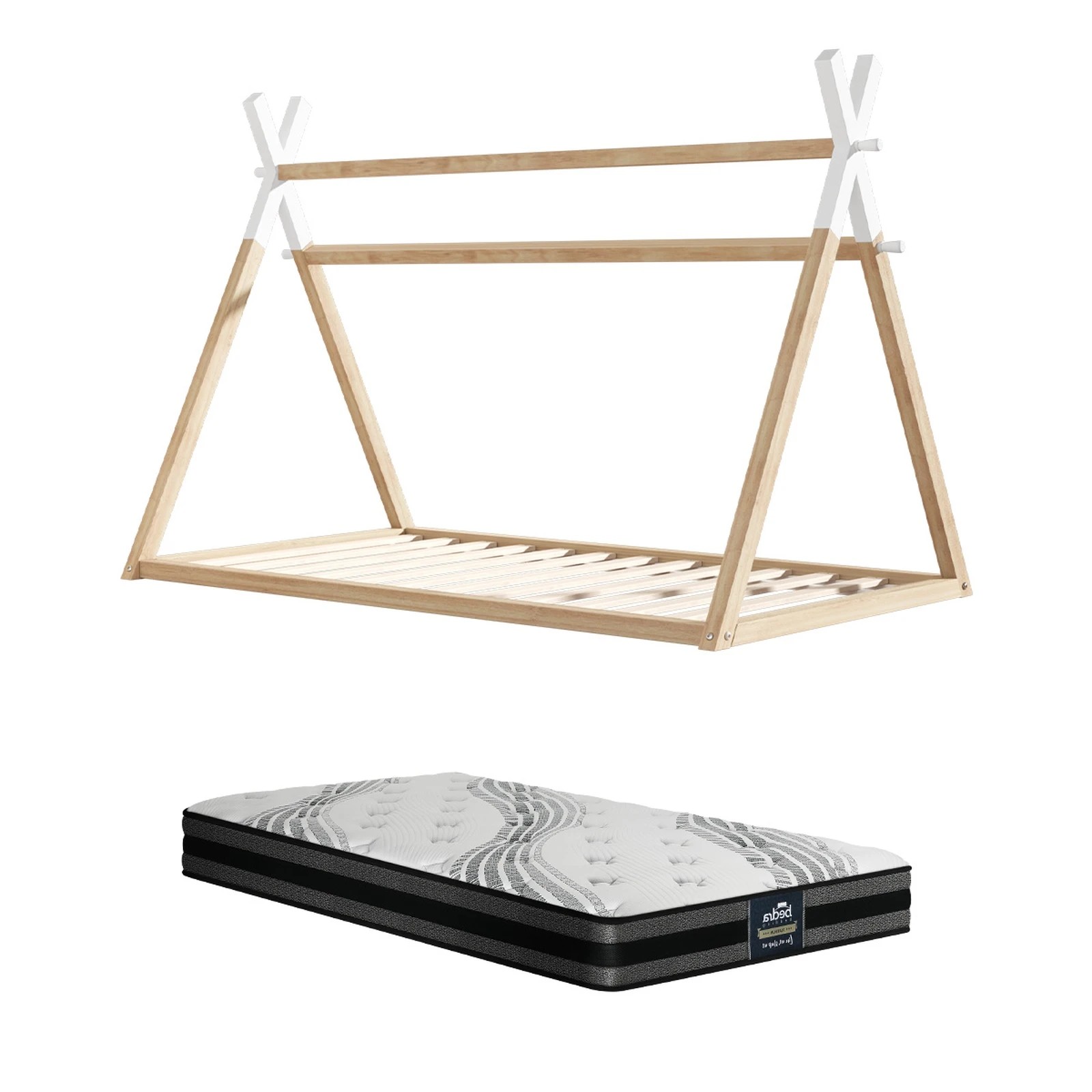 1 Oikiture King Single Kids Bed Frame Mattress Set Wooden Timber Teepee House Beds
 - Multi, 1 of 10