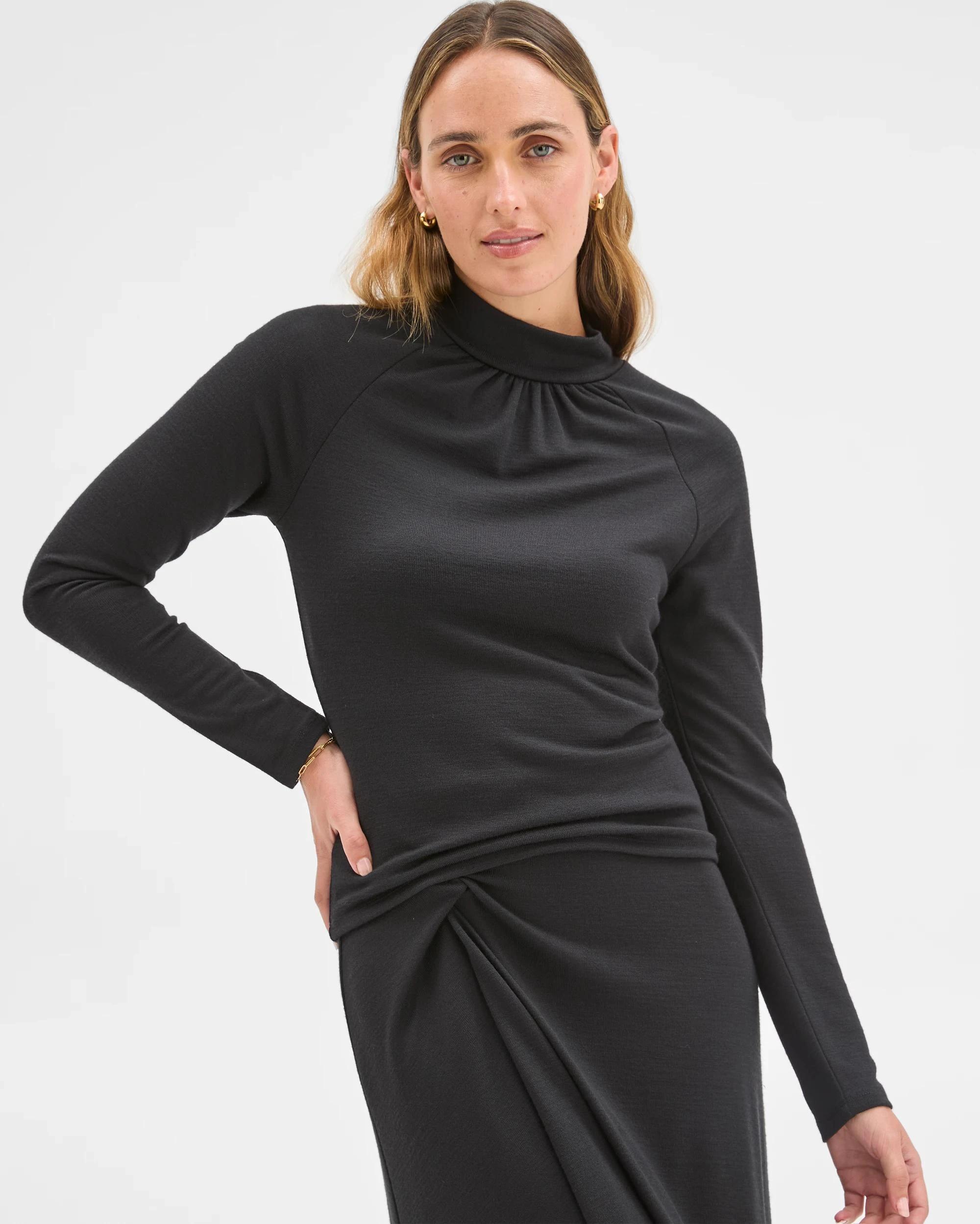 3 Preview Long Sleeve High Neck Drape Top BLACK, 3 of 7