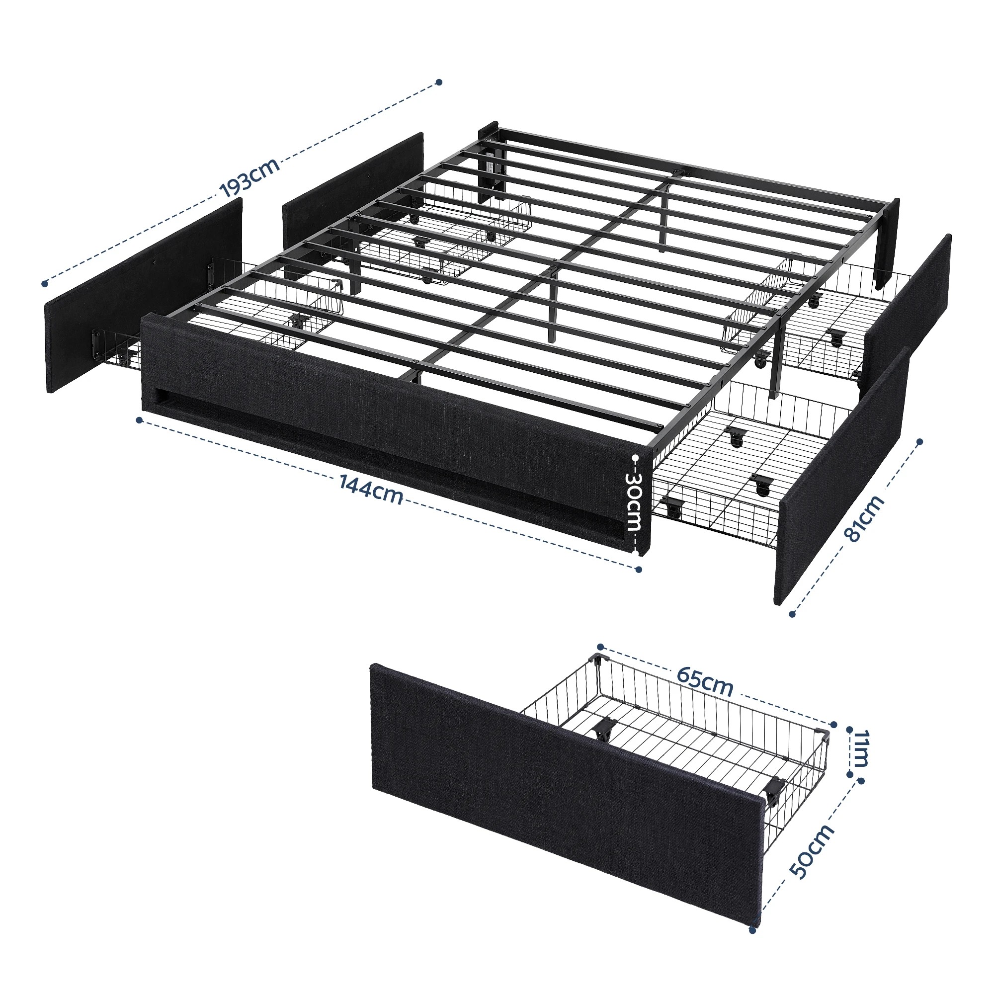 2 Artiss Double Bed Frame with Storage Drawers RGB Lights Charging Station Upholstered Fabric - Black, 2 of 5