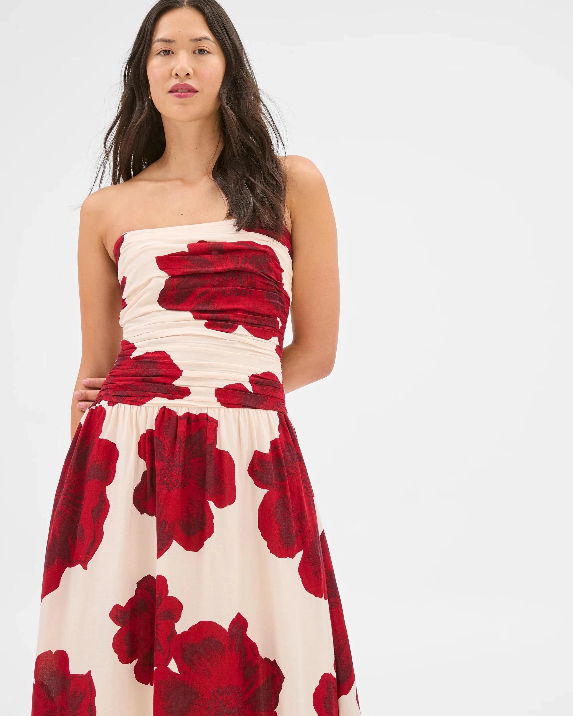 2 Gathered Sleeveless Midi Dress - Preview CRIMSON FLORAL, 2 of 6