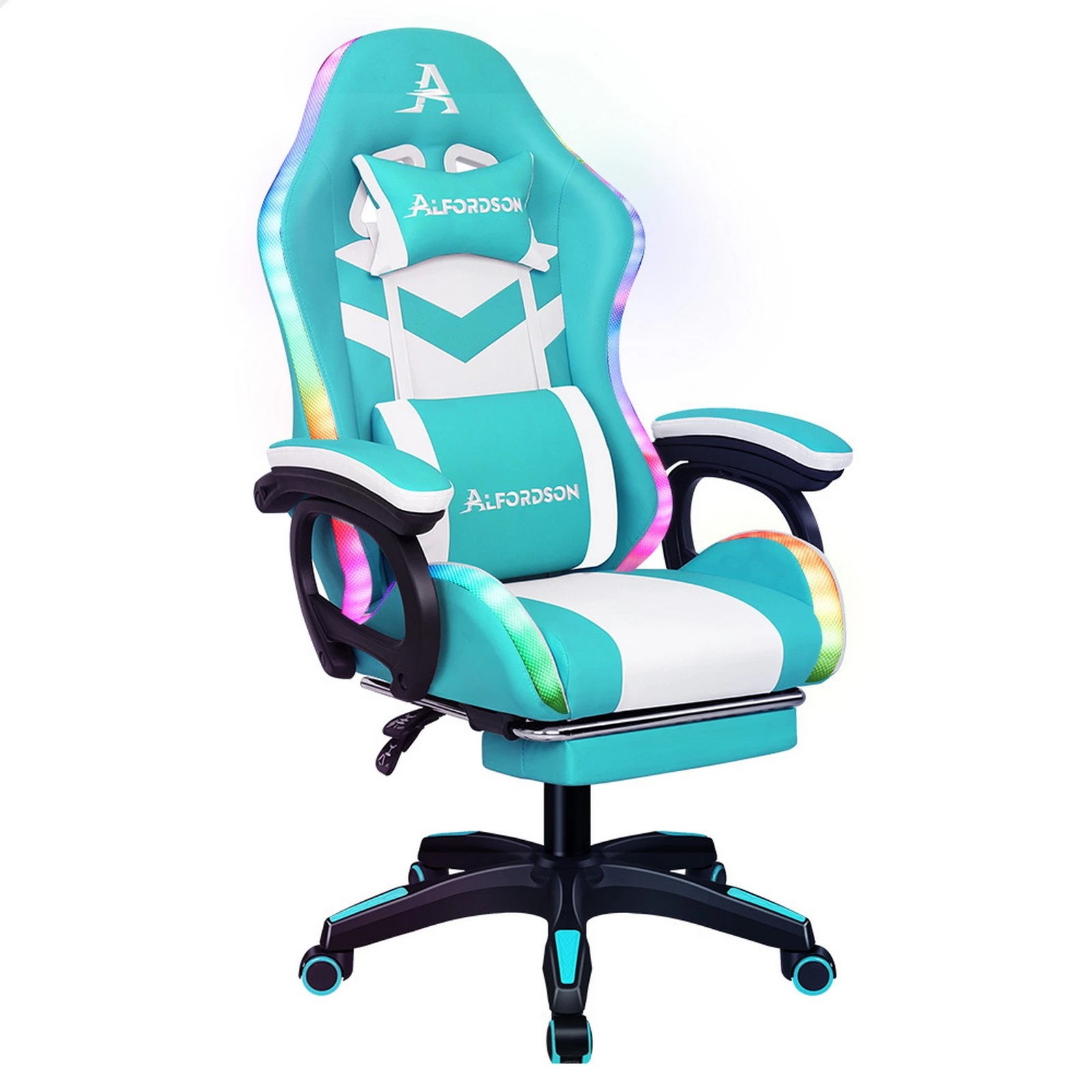 1 Alfordson Gaming Office Chair Massage 12 RGB LED Computer Seat Footrest - Cyan White, 1 of 10