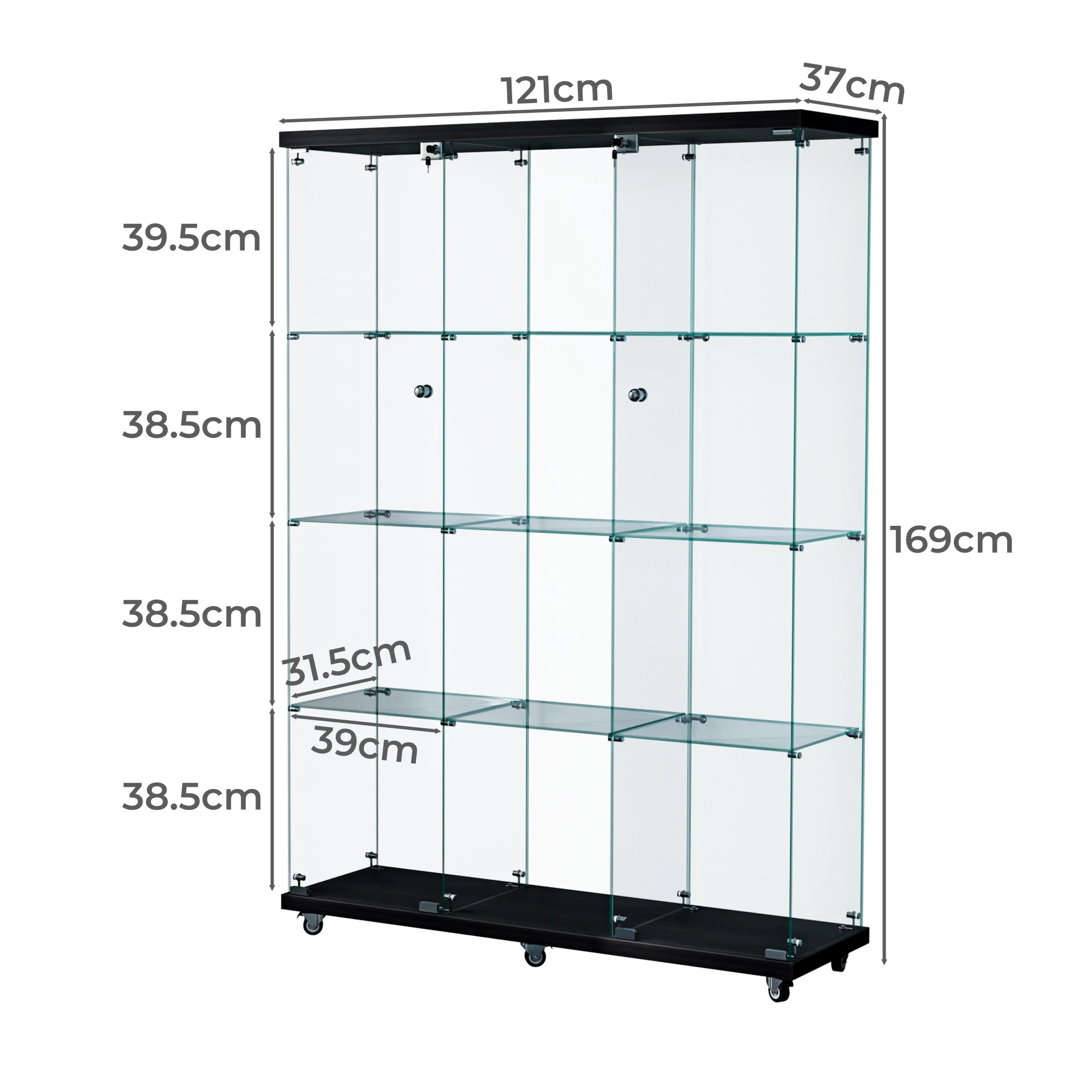 3 Stacked Glass Display Cabinet 4 Tier Lockable Wheeled Key Showcase Storage 169cm, 3 of 9