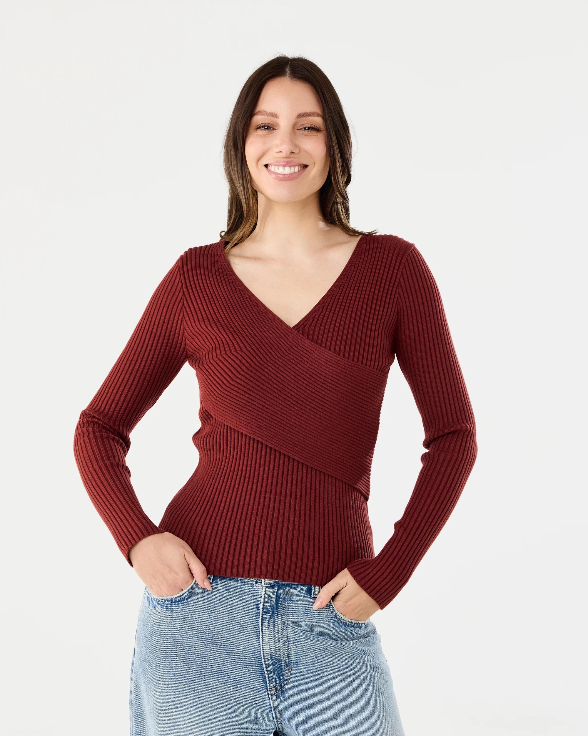 1 Long Sleeve Wrap Top Burnt Rust, 1 of 6