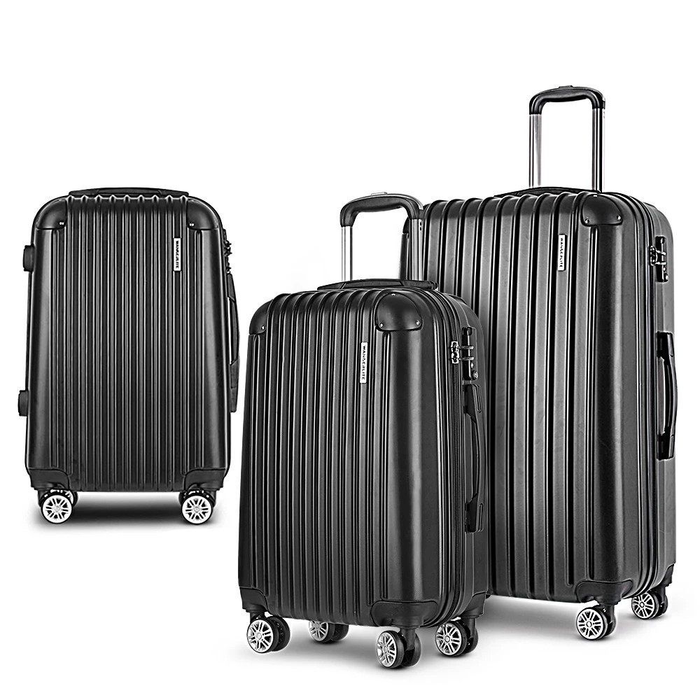 1 Wanderlite 3pcs LuggageTrolley Set Travel Suitcase Storage Organiser Carry On Hard Case TSA Lightweight - Black, 1 of 1