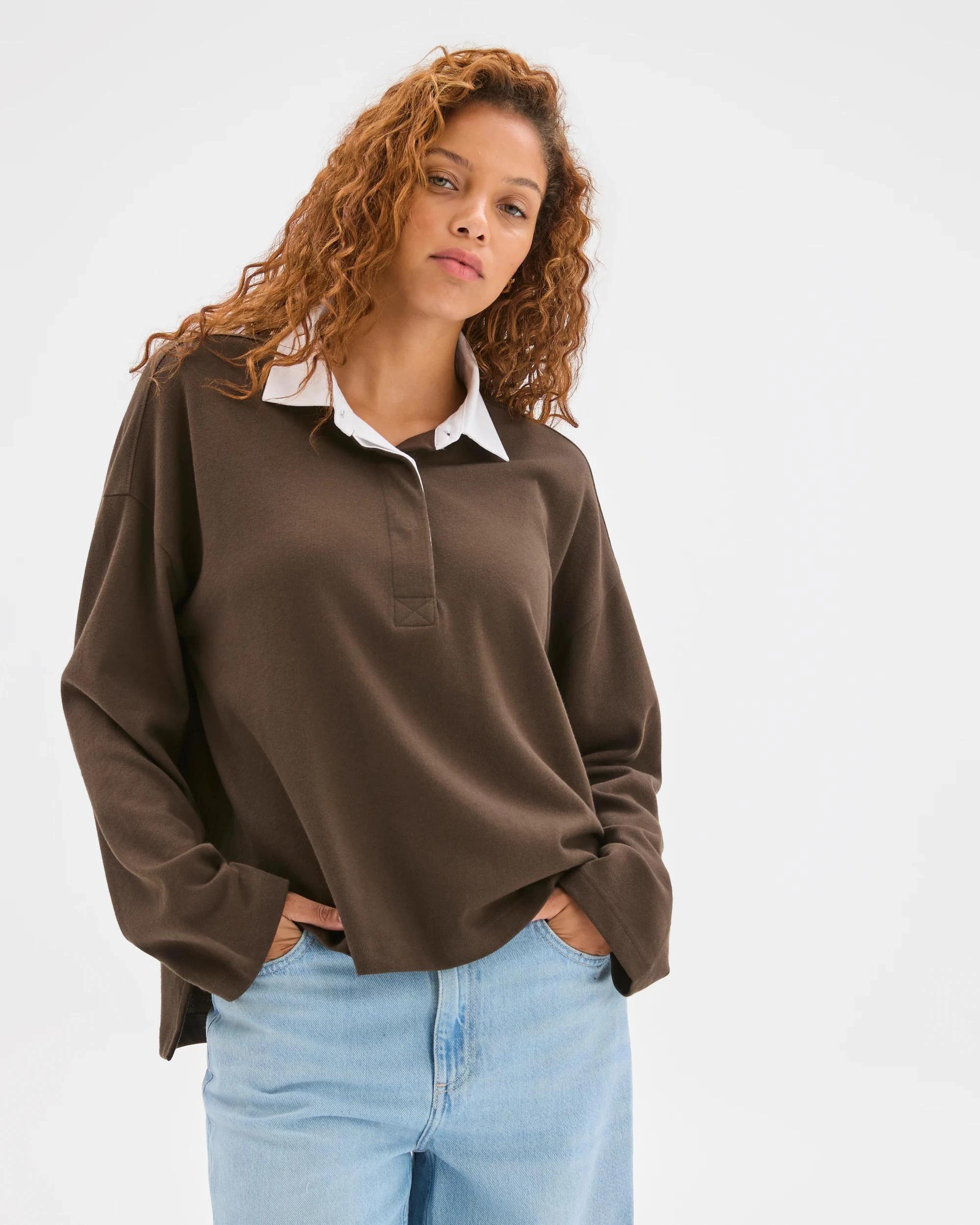 1 Target Woman Australian Cotton Long Sleeve Rugby Polo Top COFFEE BEAN, 1 of 6