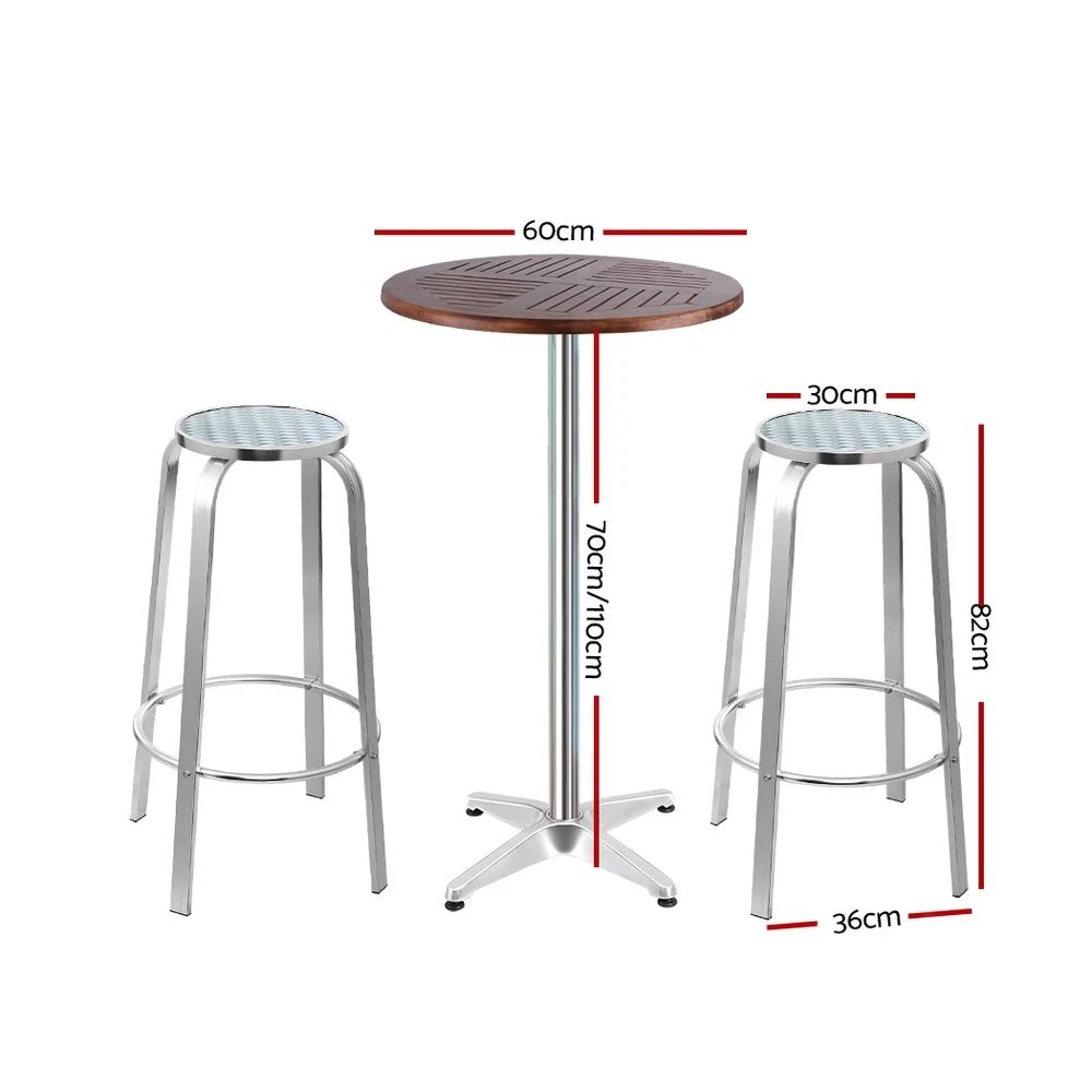 2 Gardeon 3-Piece Outdoor Bar Set Bistro Table Stools Adjustable Wooden Cafe - Multi, 2 of 6