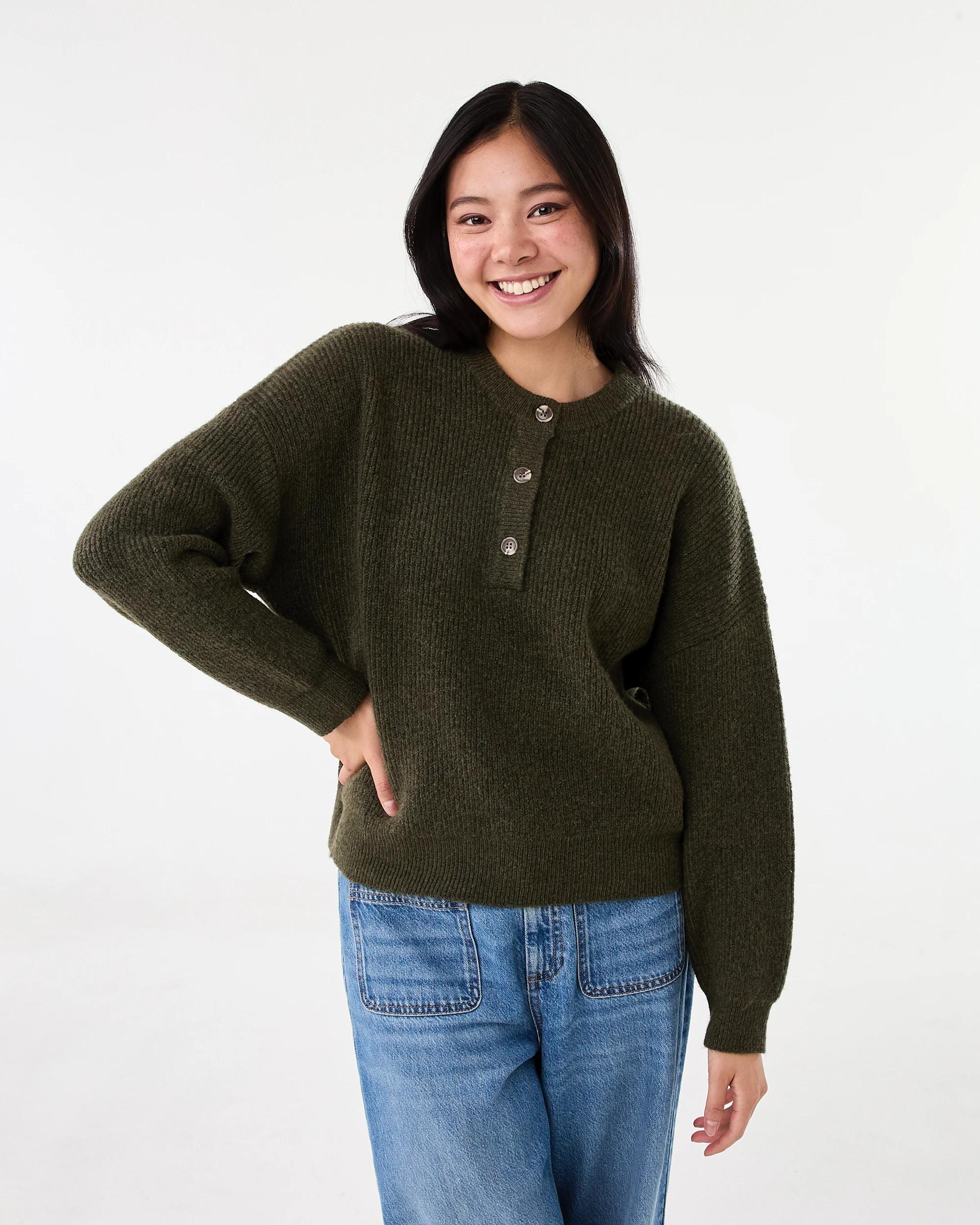 1 Quarter Button Jumper Deep Olive, 1 of 6