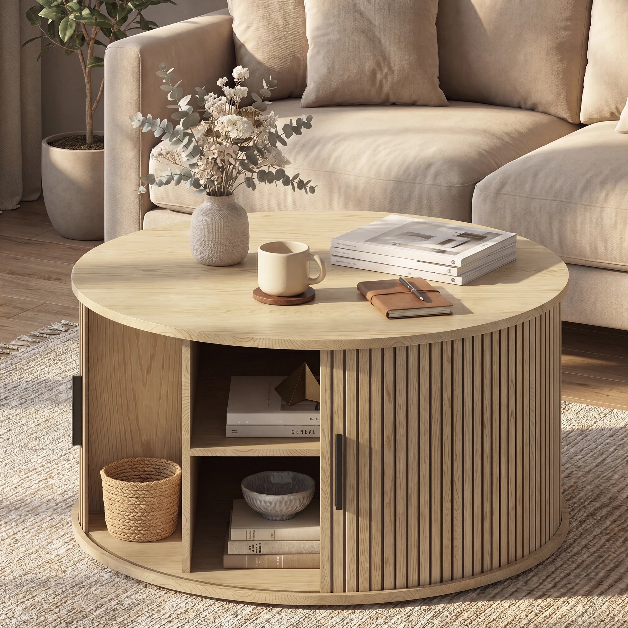 6 Advwin Round Coffee Table with Sliding Door 80cm Mid Century Fluted Tambour Door Design Center Table - Natural, 6 of 7