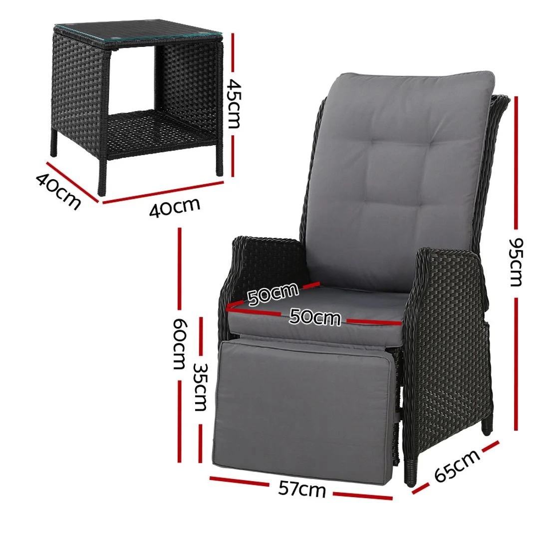 1 Gardeon 3PC Recliner Chairs Table Sun lounge - Black, 1 of 6