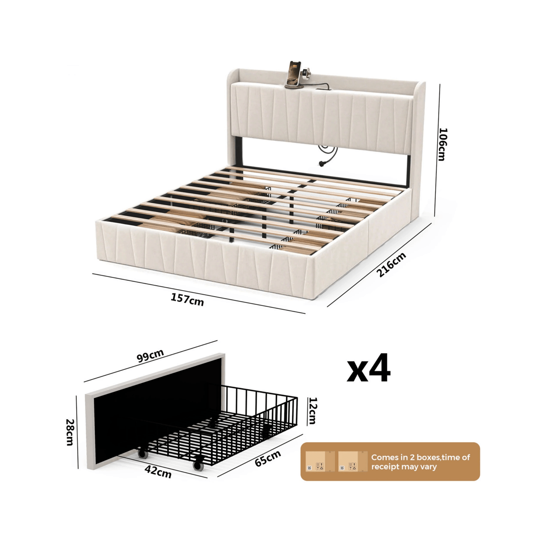 3 Advwin Queen Bed Frame With 4 Storage Drawers & Charging Station Biege, 3 of 7