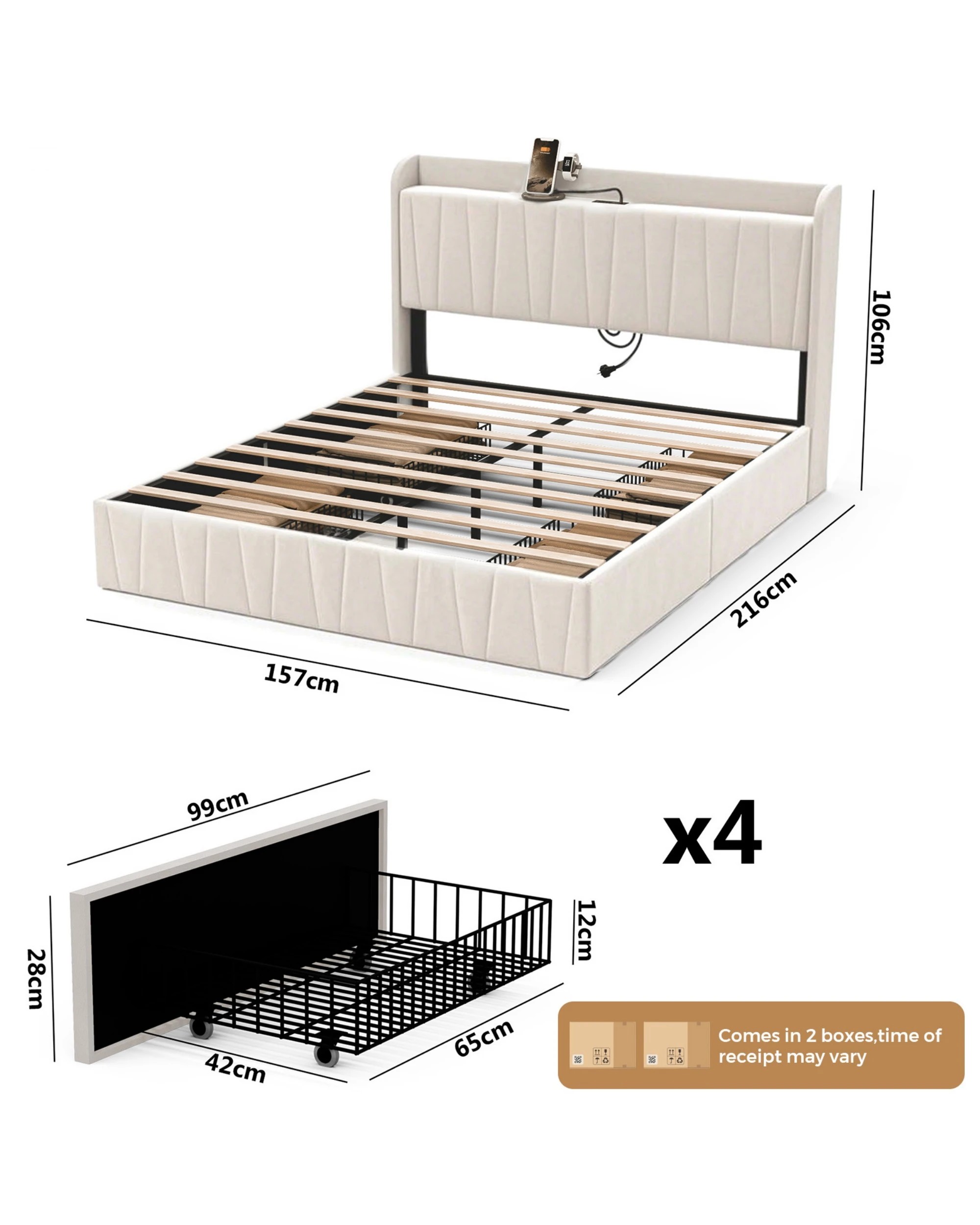 3 Advwin Queen Bed Frame With 4 Storage Drawers & Charging Station Biege, 3 of 7