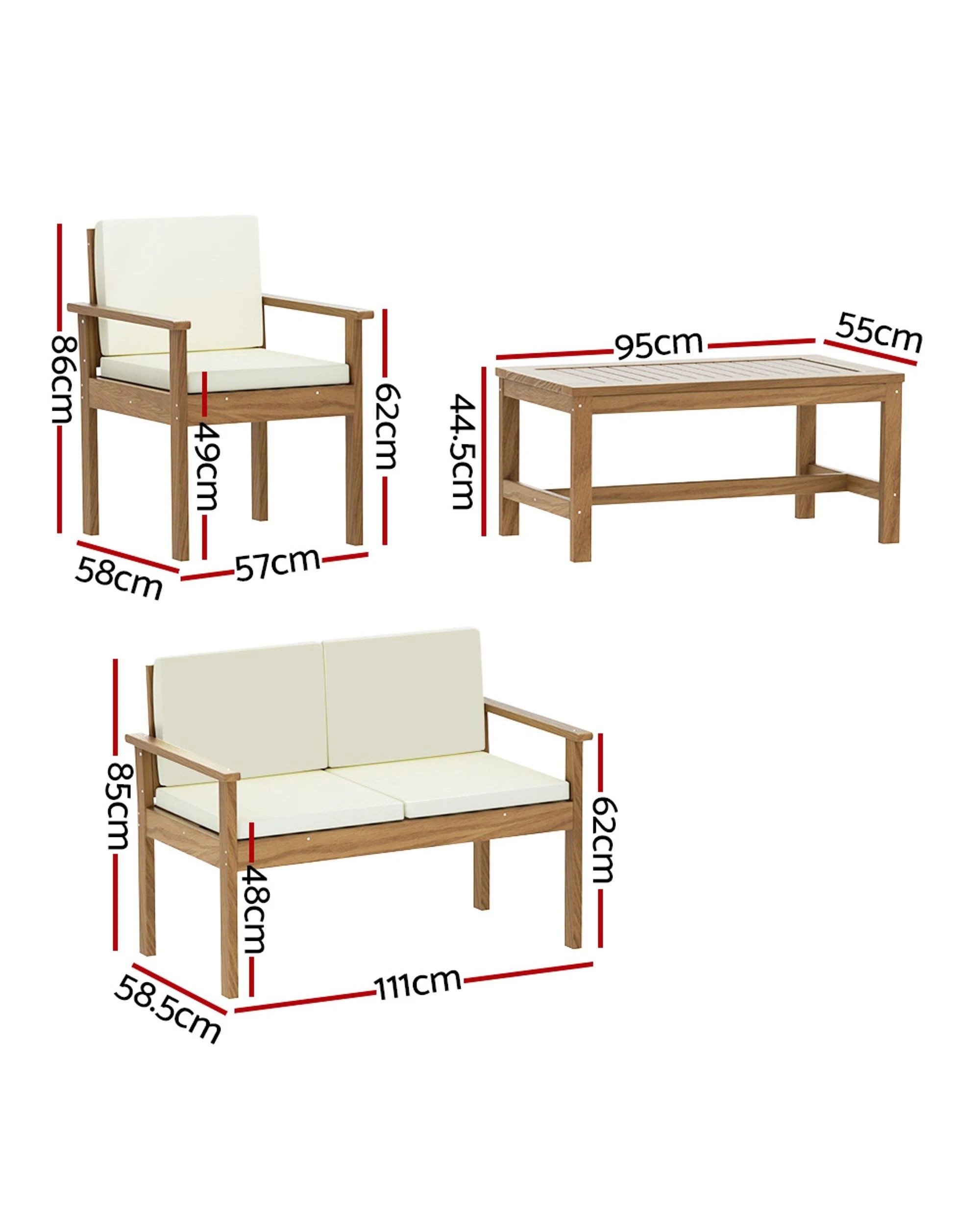 2 Gardeon 4-Piece Outdoor Sofa Set Wooden Couch Lounge Setting - Brown, 2 of 6