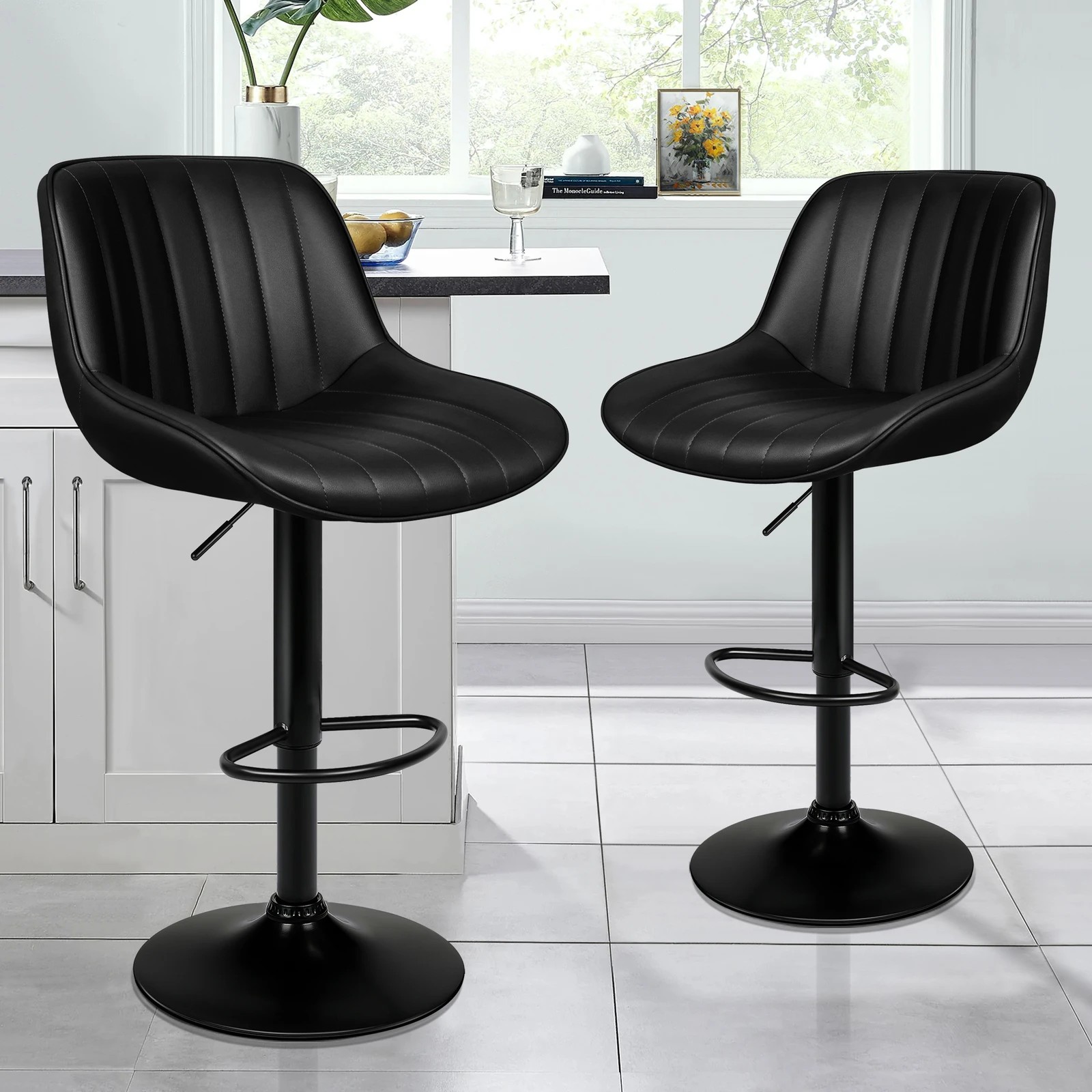 2 Alfordson 2x Bar Stools Gas Lift Leather Bar Chairs Kitchen Swivel - Black, 2 of 10