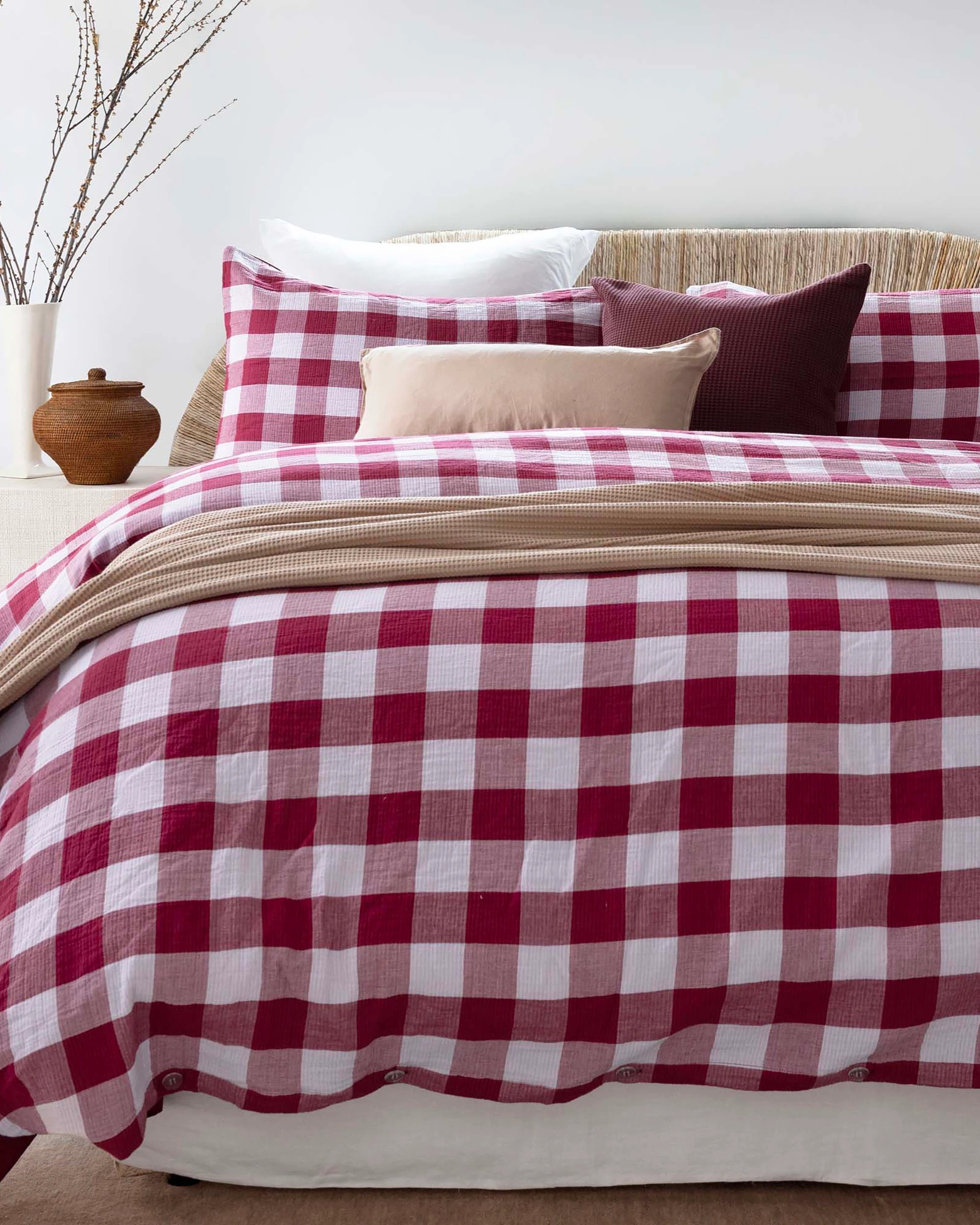Bambury Willow Gingham Check Cotton Muslin Quilt Cover Set Berry - King ...