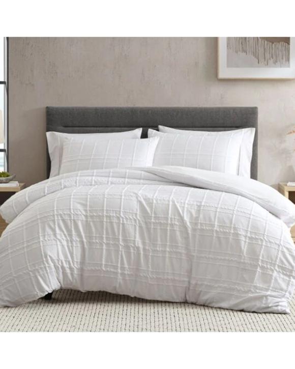 Ardor Subtle Textured Check Leonard Quilt Bed Bedding Duvet Cover Set - Double Bed - White