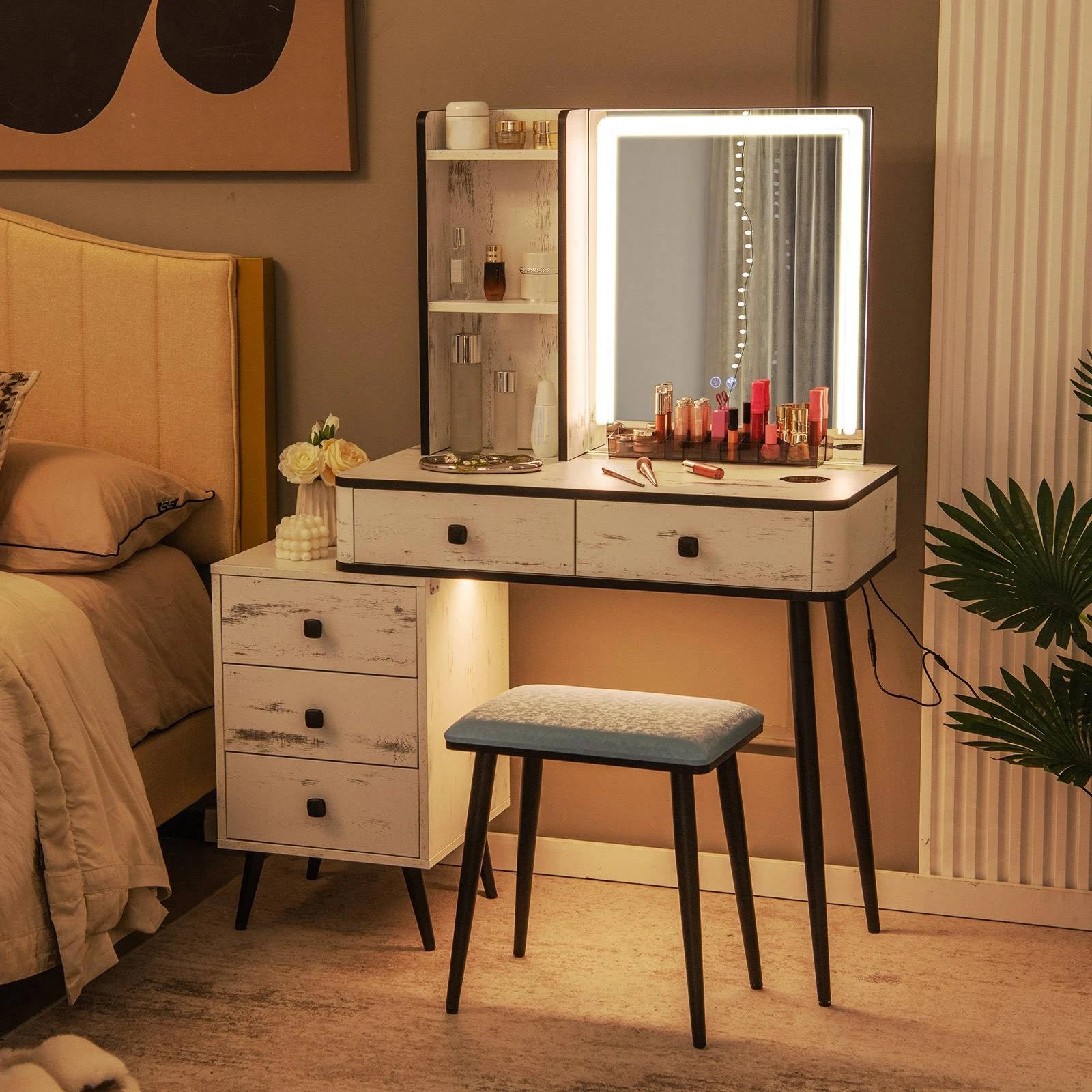 2 Costway Modern Dressing Table Stool Set Mirror Vanity Desk w/Cushioned Seat & Charging Station, 2 of 4