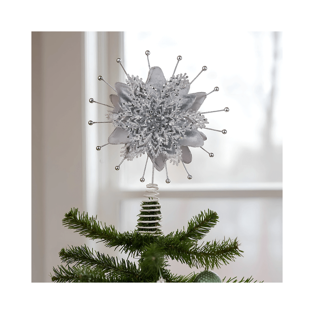 4 Christabelle Christmas Tree Topper Poinsettia Decoration Ornament Shimmering Silver Glittered Petals, 4 of 4