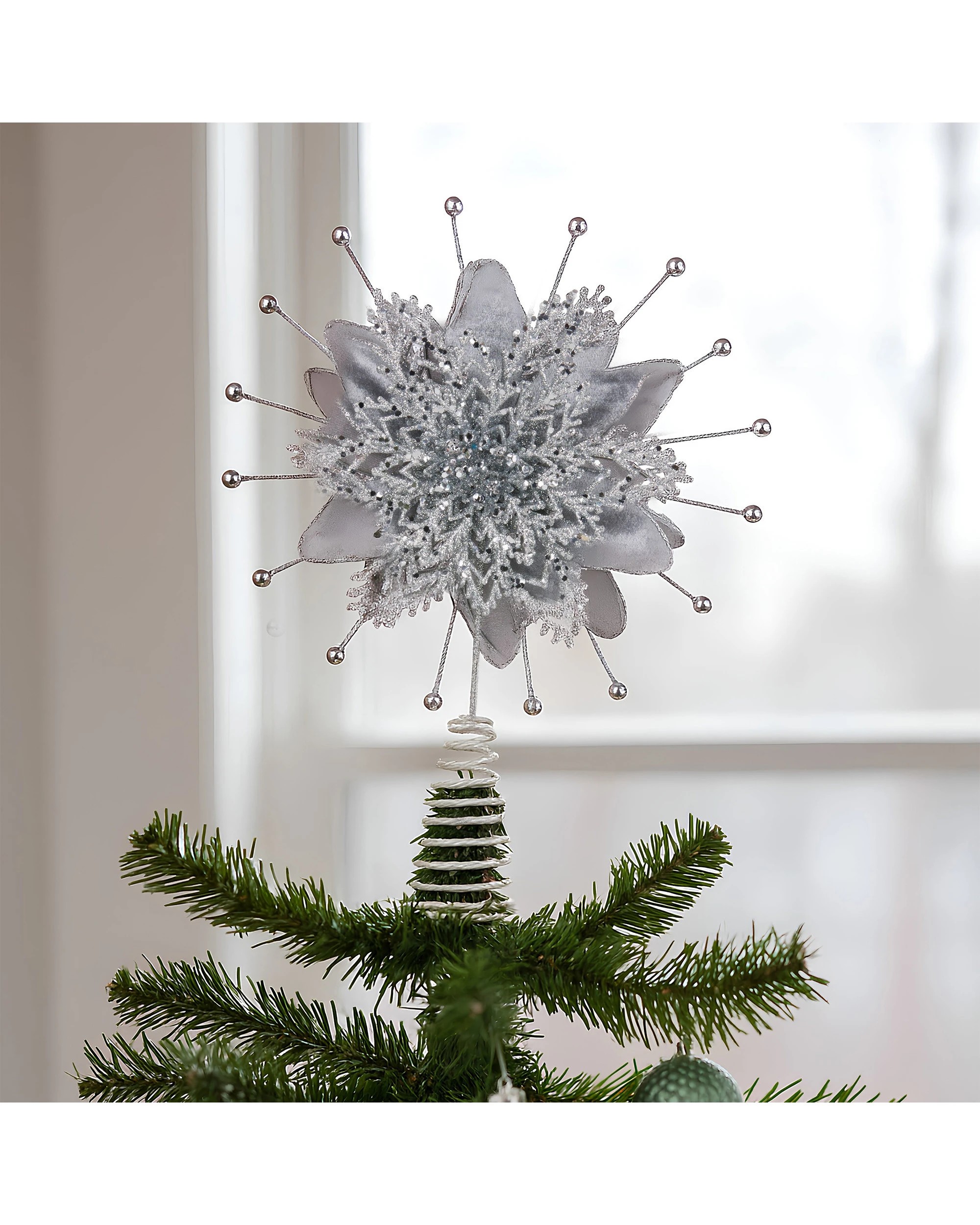 4 Christabelle Christmas Tree Topper Poinsettia Decoration Ornament Shimmering Silver Glittered Petals, 4 of 4