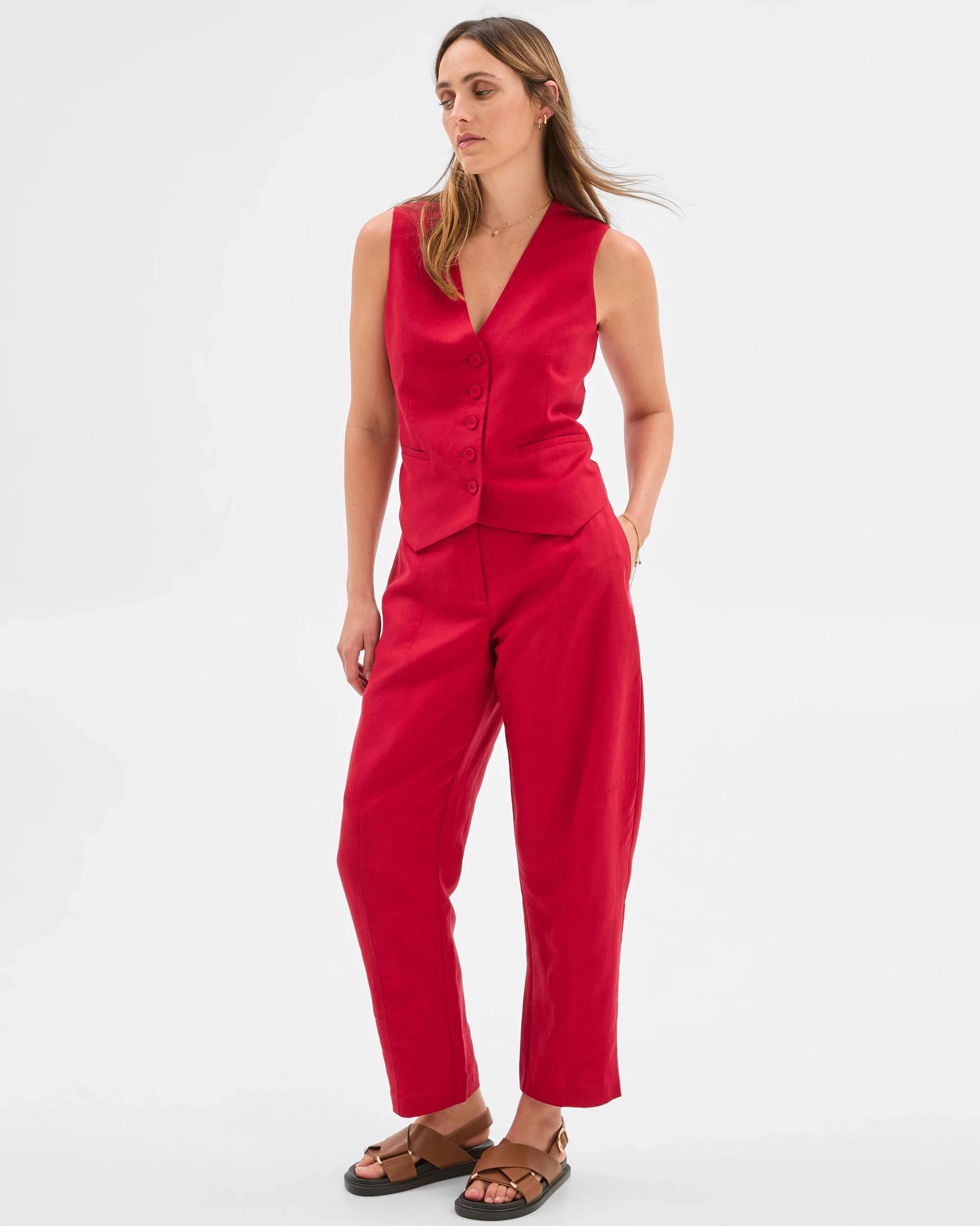 1 Preview Linen Blend Barrel Leg Pants CRIMSON, 1 of 6