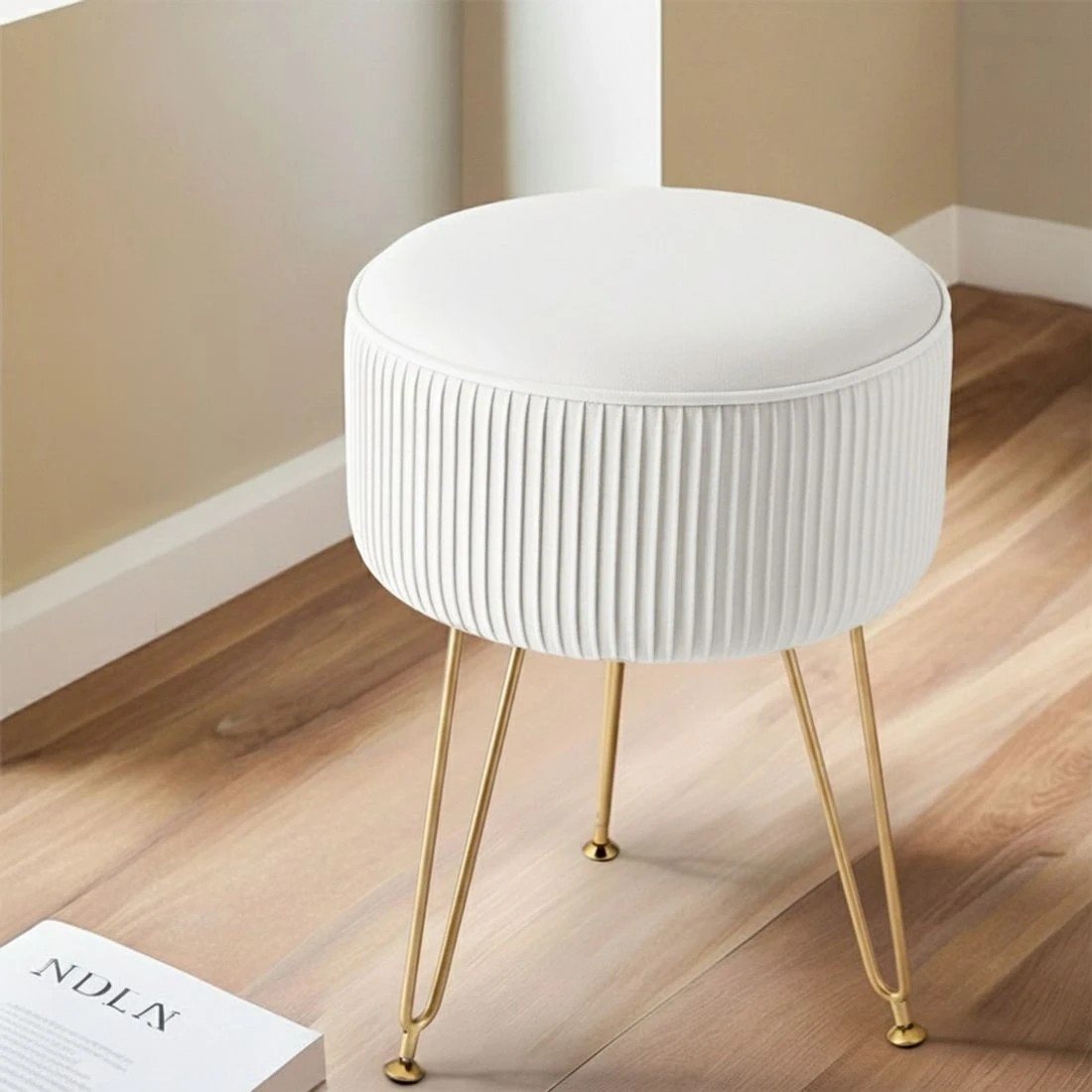 4 Artiss Ottoman Foot Stool Vanity Velvet Round - White, 4 of 6