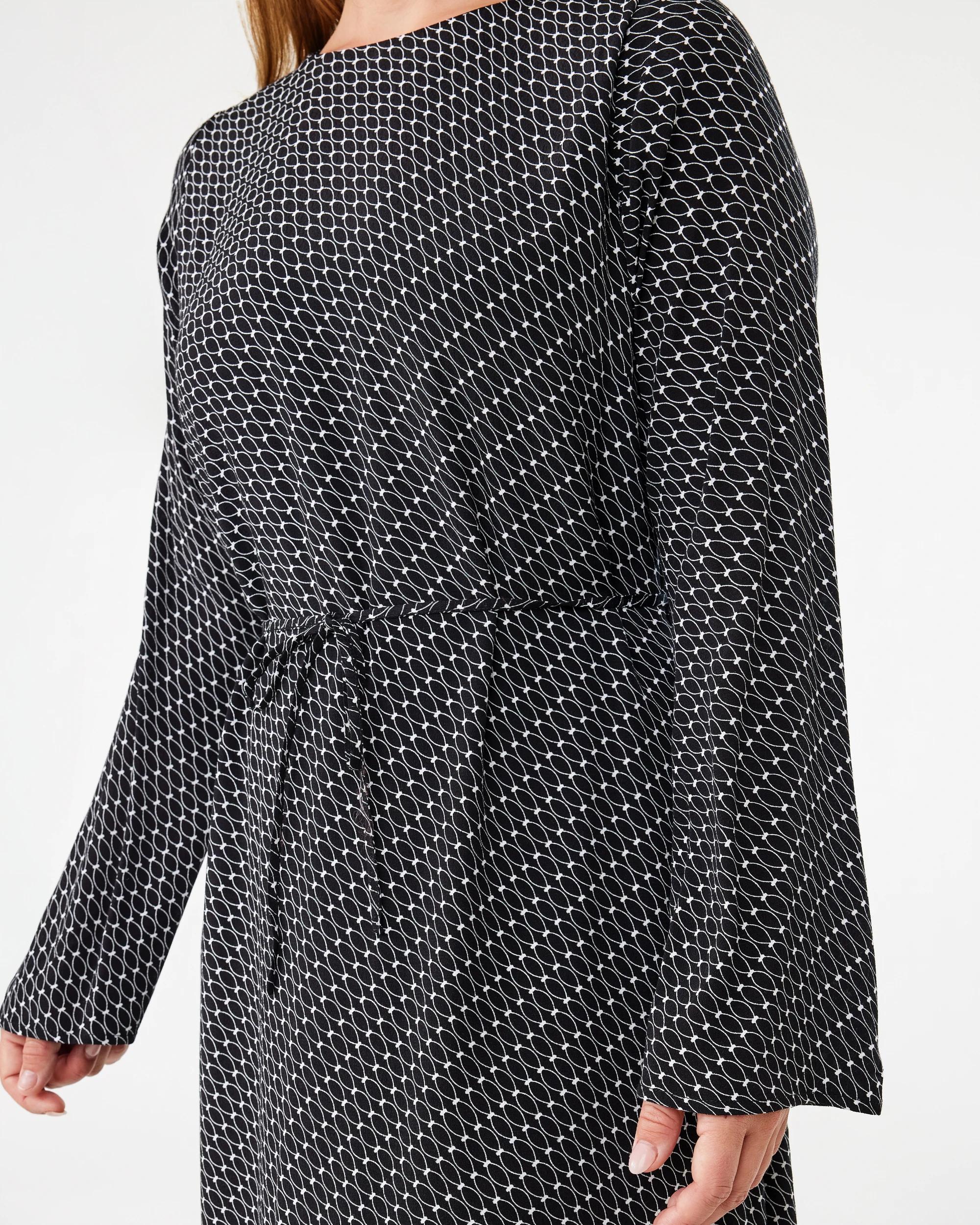 6 Long Sleeve Crepe Tie Waist Midi Dress Black Geo, 6 of 6