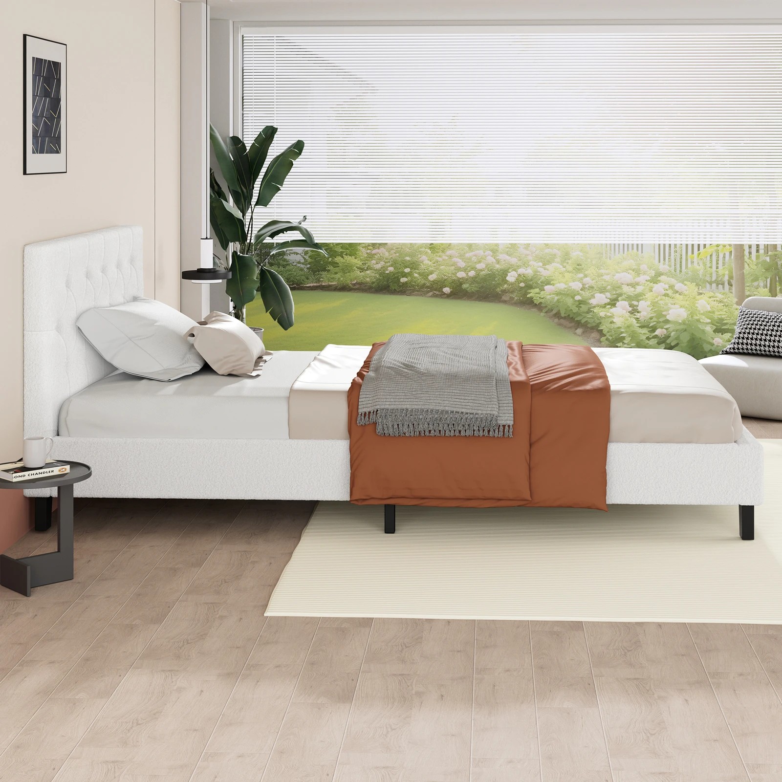 5 Alfordson Bed Frame Single Size Wooden Base Platform Boucle Madelyn - White, 5 of 10