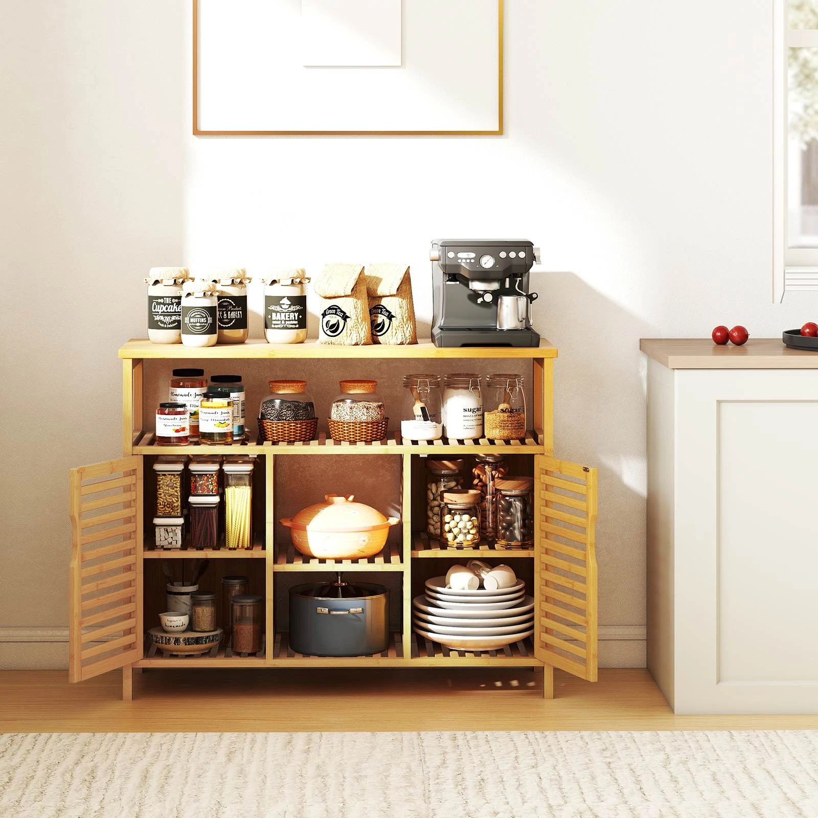4 Costway Bamboo Bathroom Cabinet 2-Door Storage Organizer Freestanding Storage Unit, 4 of 4