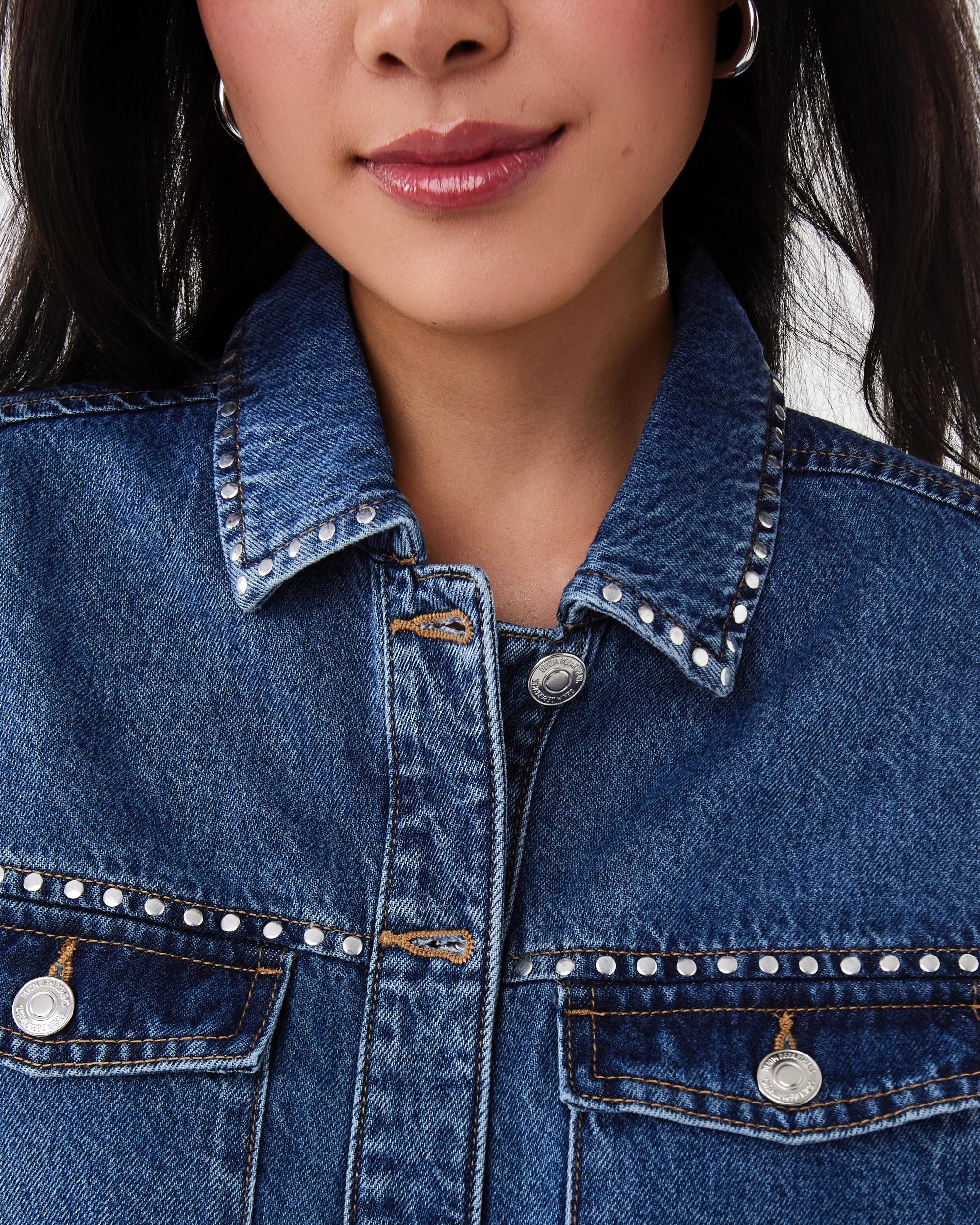 6 Long Sleeve Studded Denim Shirt Mid Wash, 6 of 9