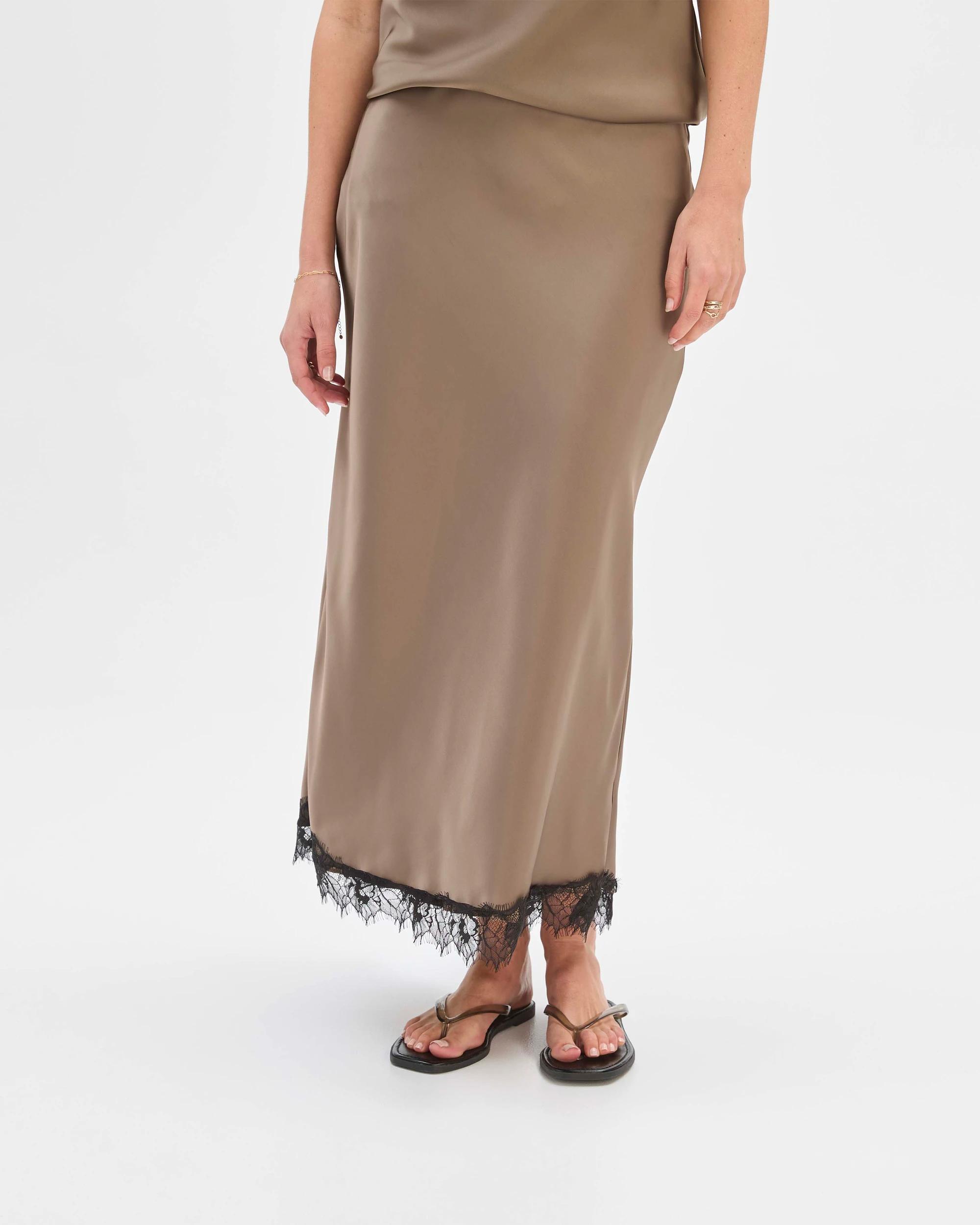 4 Preview Lace Trim Satin Midi Skirt SMOKED TAUPE, 4 of 7