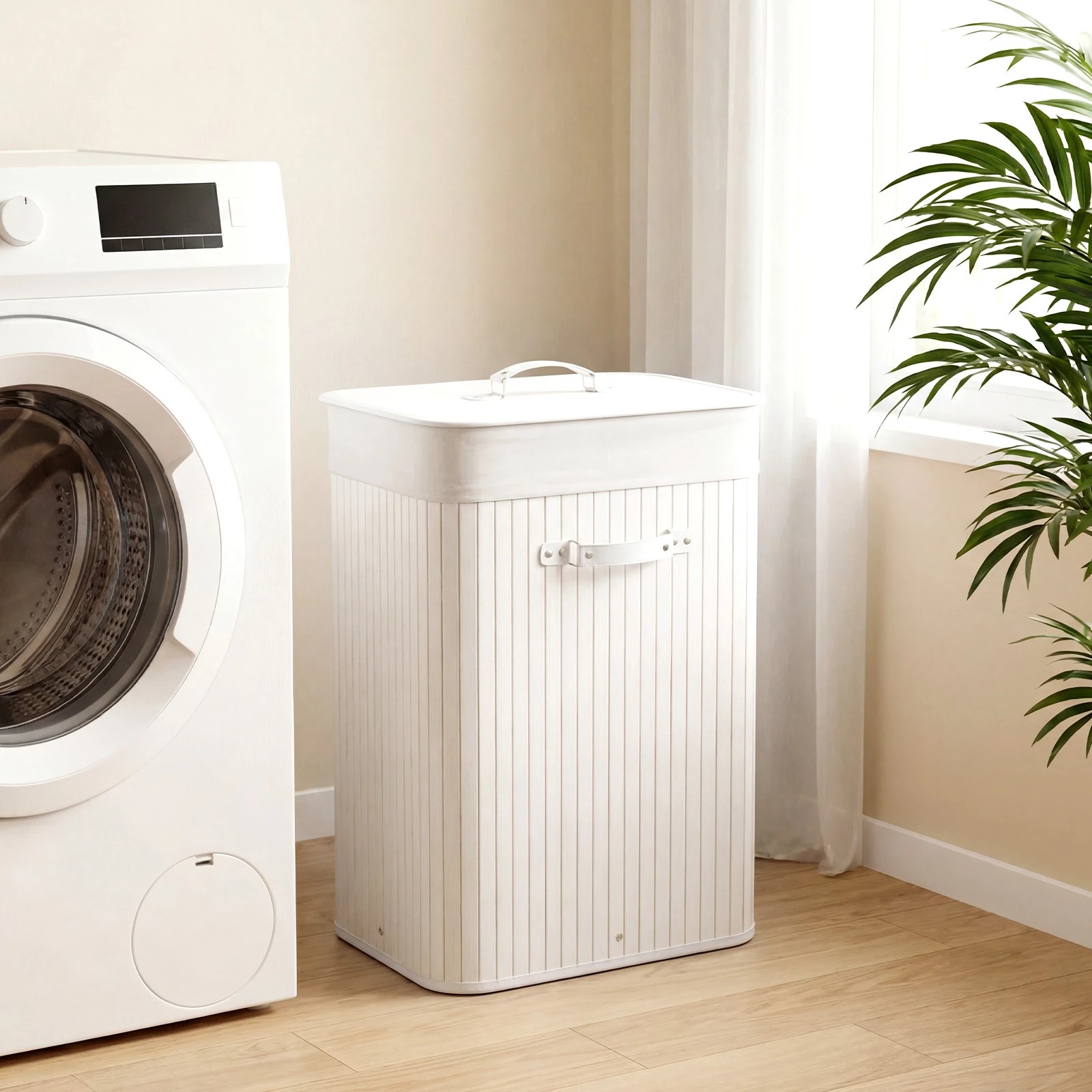 3 Costway 72L Bamboo Laundry Hamper Cloth Storage Basket Collapsible Bin Bathroom - White, 3 of 5