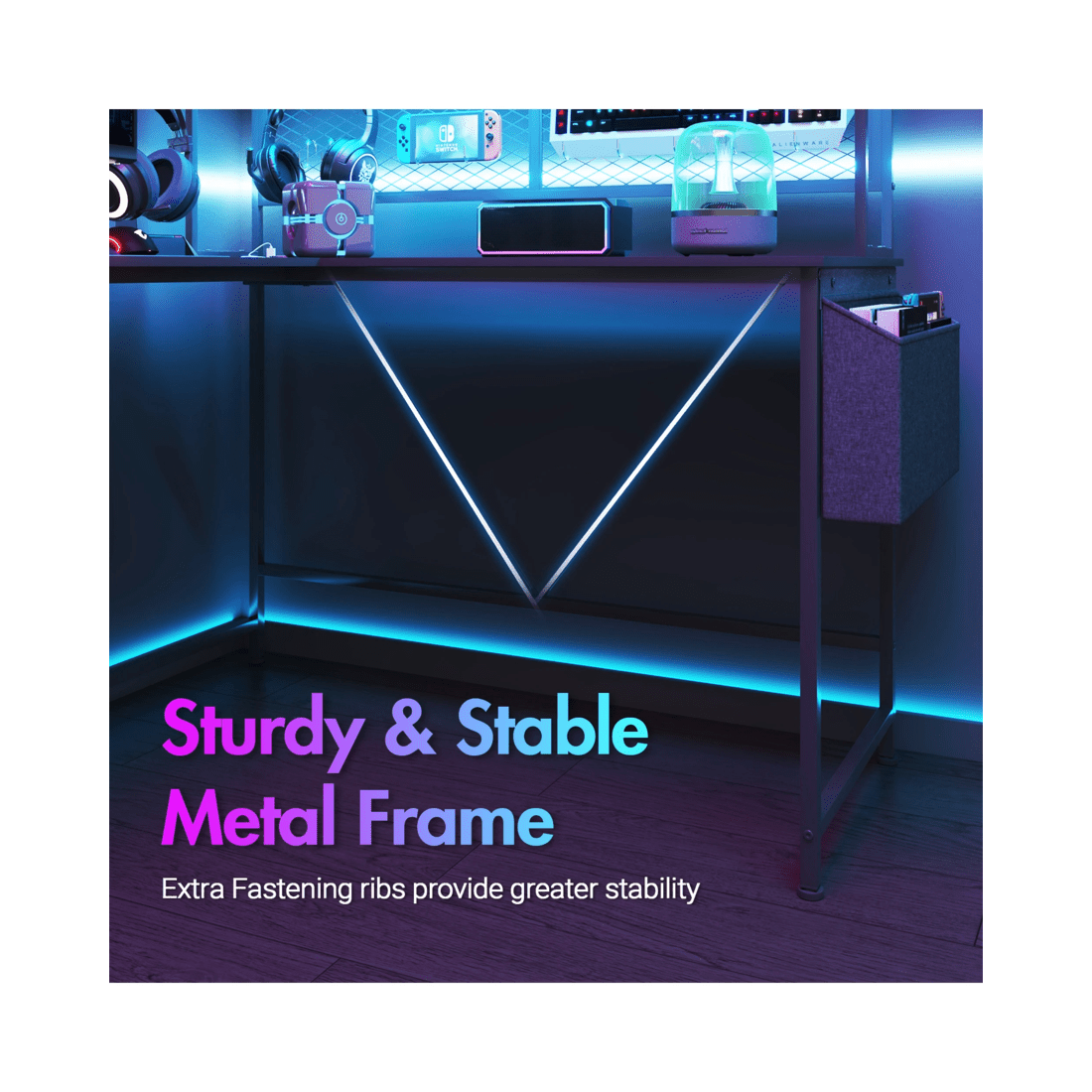 8 Advwin 170cm L Shaped Gaming Desk With Led Lights & Power Outlets Reversible Storage Shelf Computer Corner Desk Black, 8 of 10