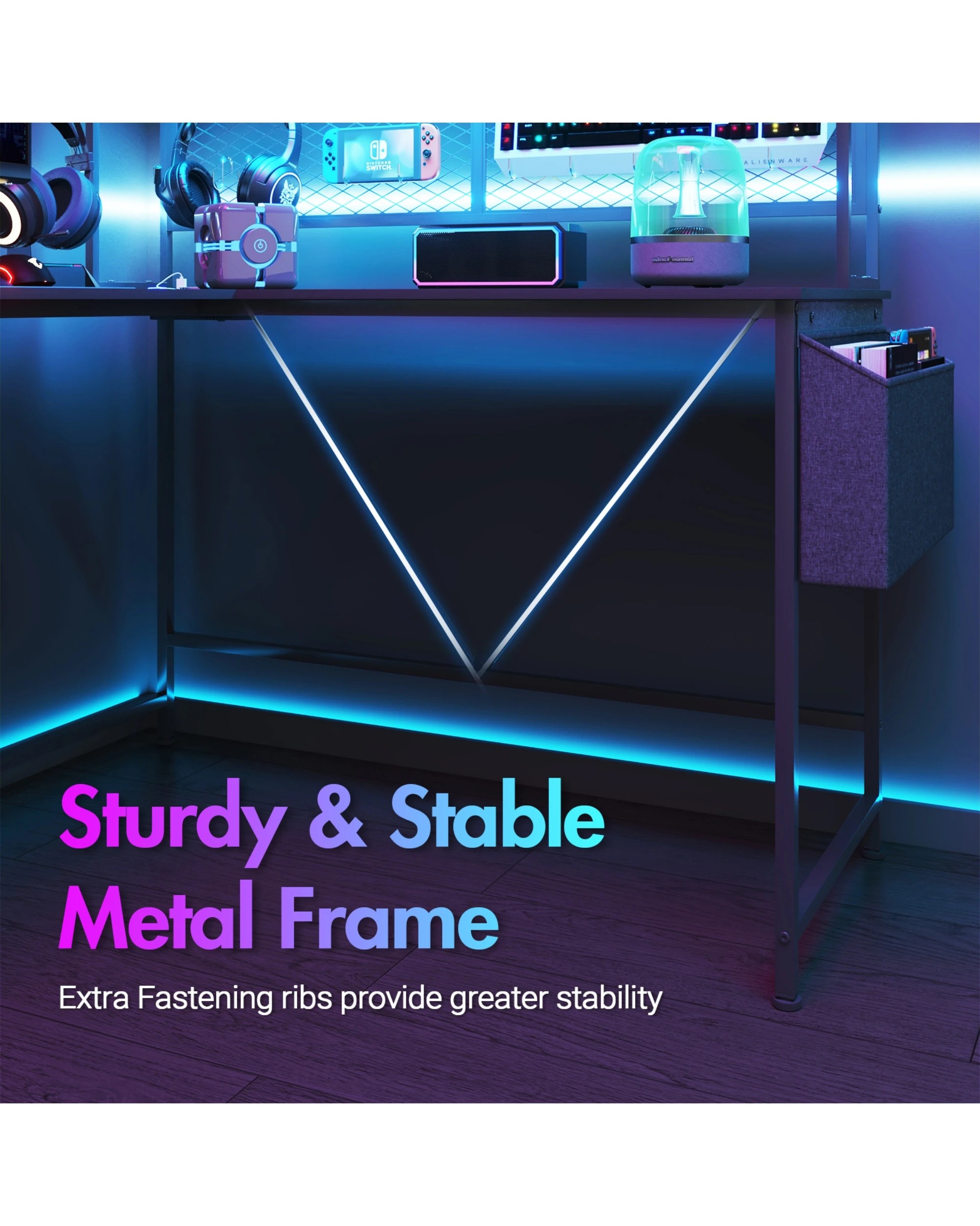 8 Advwin 170cm L Shaped Gaming Desk With Led Lights & Power Outlets Reversible Storage Shelf Computer Corner Desk Black, 8 of 10