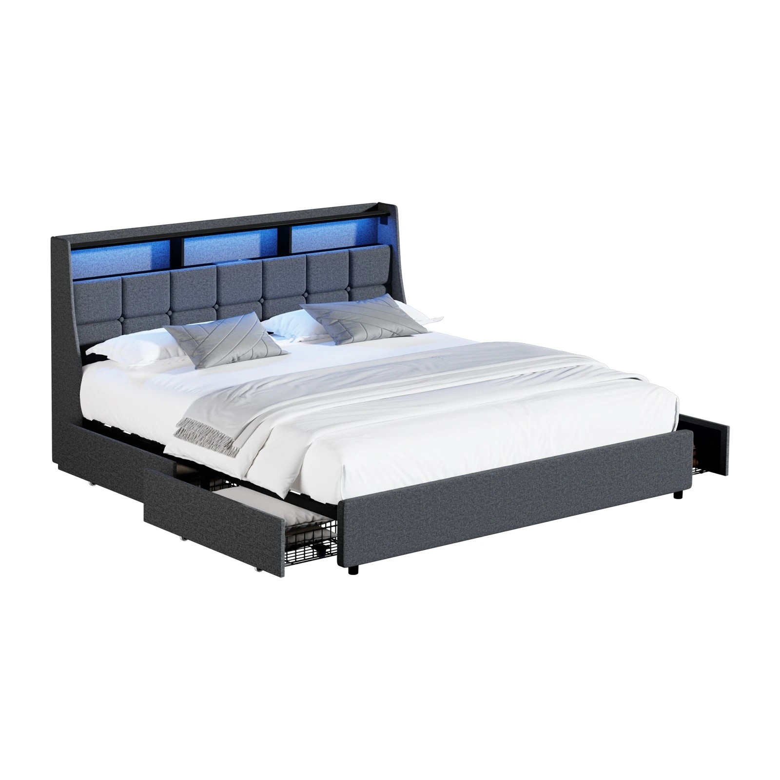 1 Oikiture King Size Bed Frame with LED Lights and Storage Headboard & 4 Drawers- Grey, 1 of 7