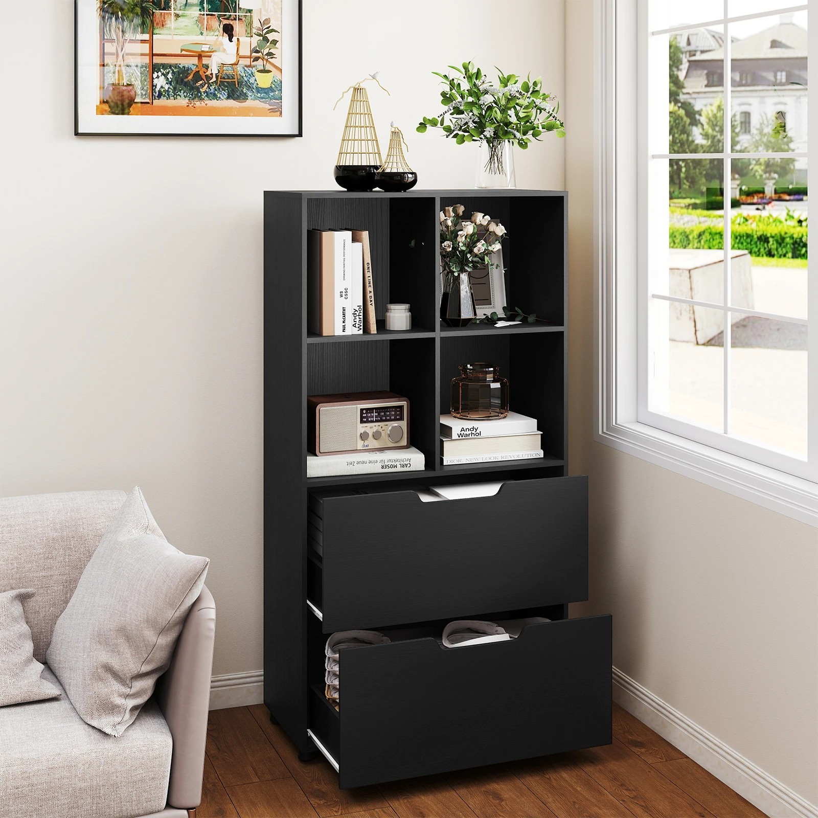 3 Costway 4 Cube 5-Tier Bookcase w/2 Drawers Display Rack Bookshelf Storage Organizer - Black, 3 of 4
