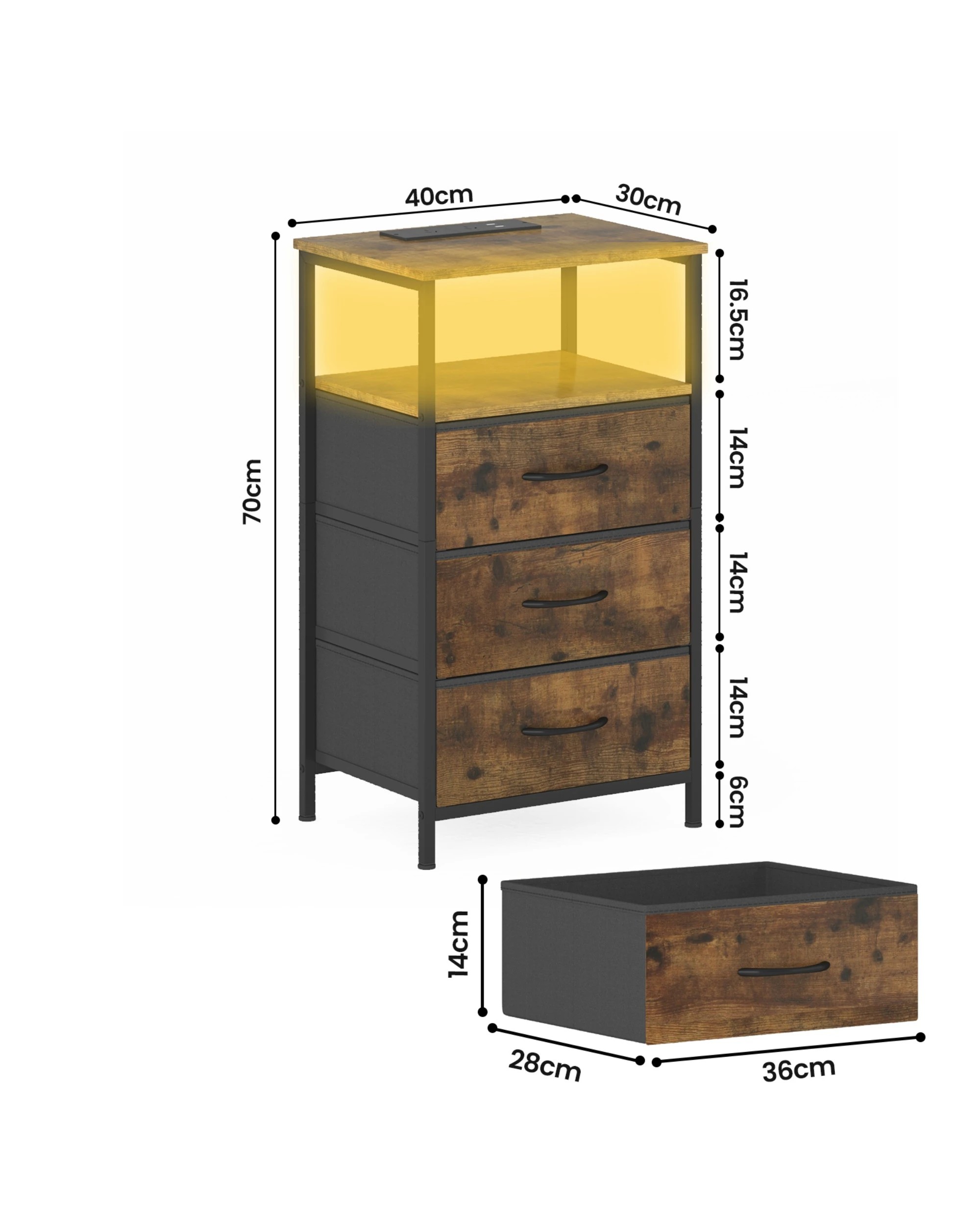 3 Advwin LED Bedside Table With Charging Station 3 Fabric Drawers Nightstand - Brown, 3 of 8