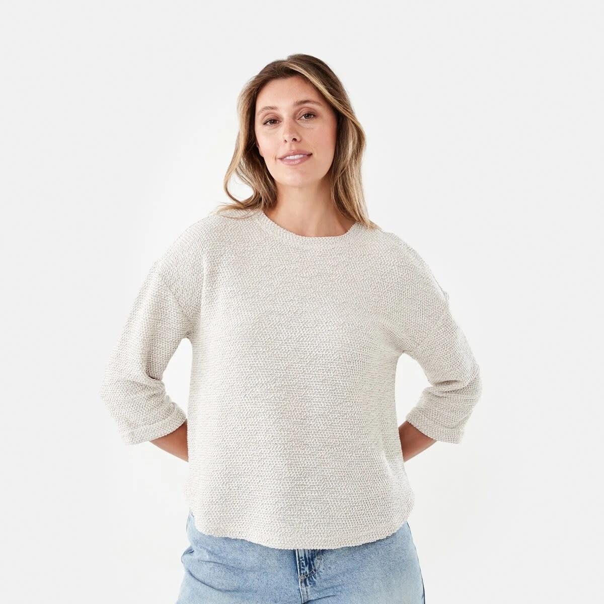 1 Long Sleeve Textured Split Hem Top Nat Beige, 1 of 7